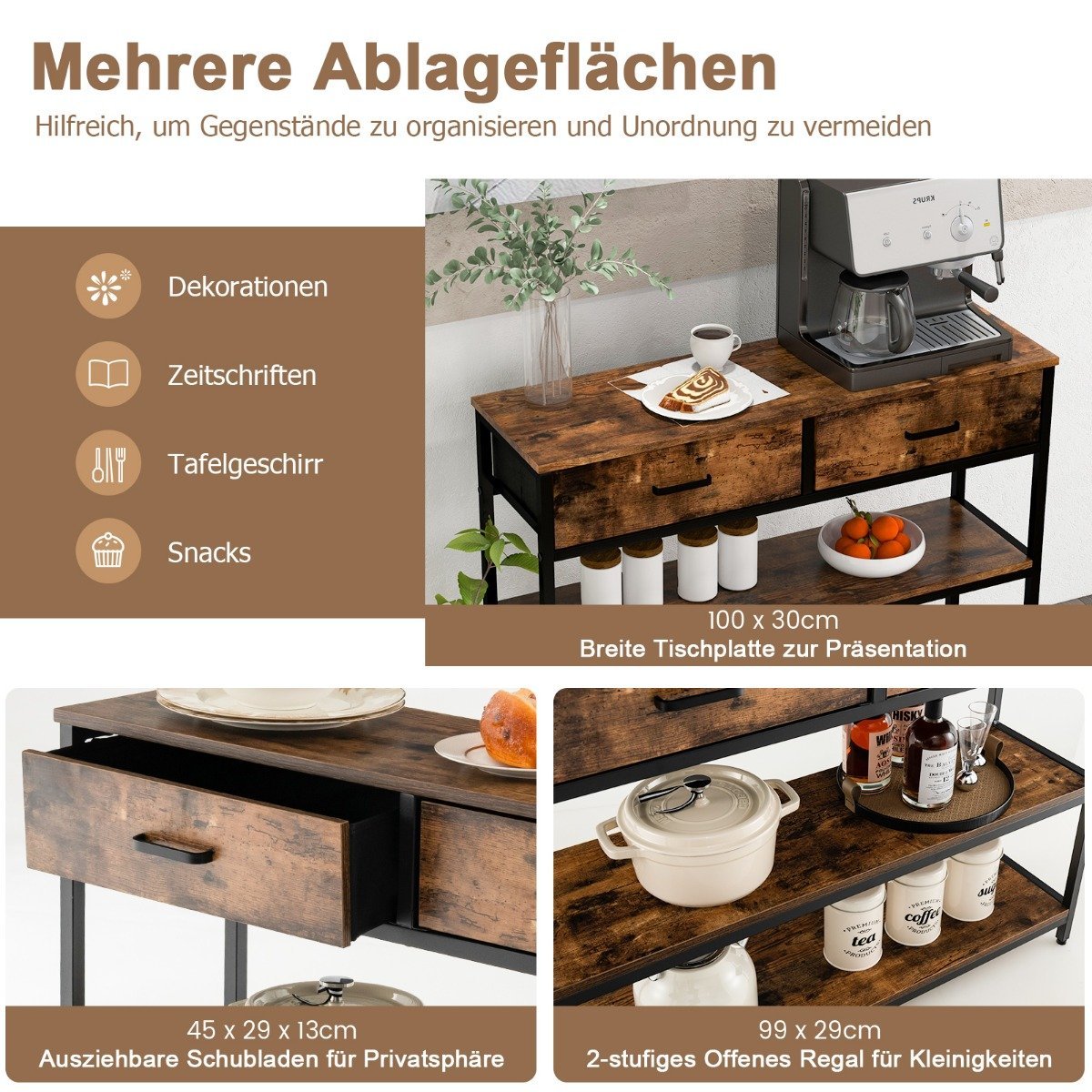 100cm Console Table with 2 Fabric Drawers 3 Tier Side Table Rustic Brown