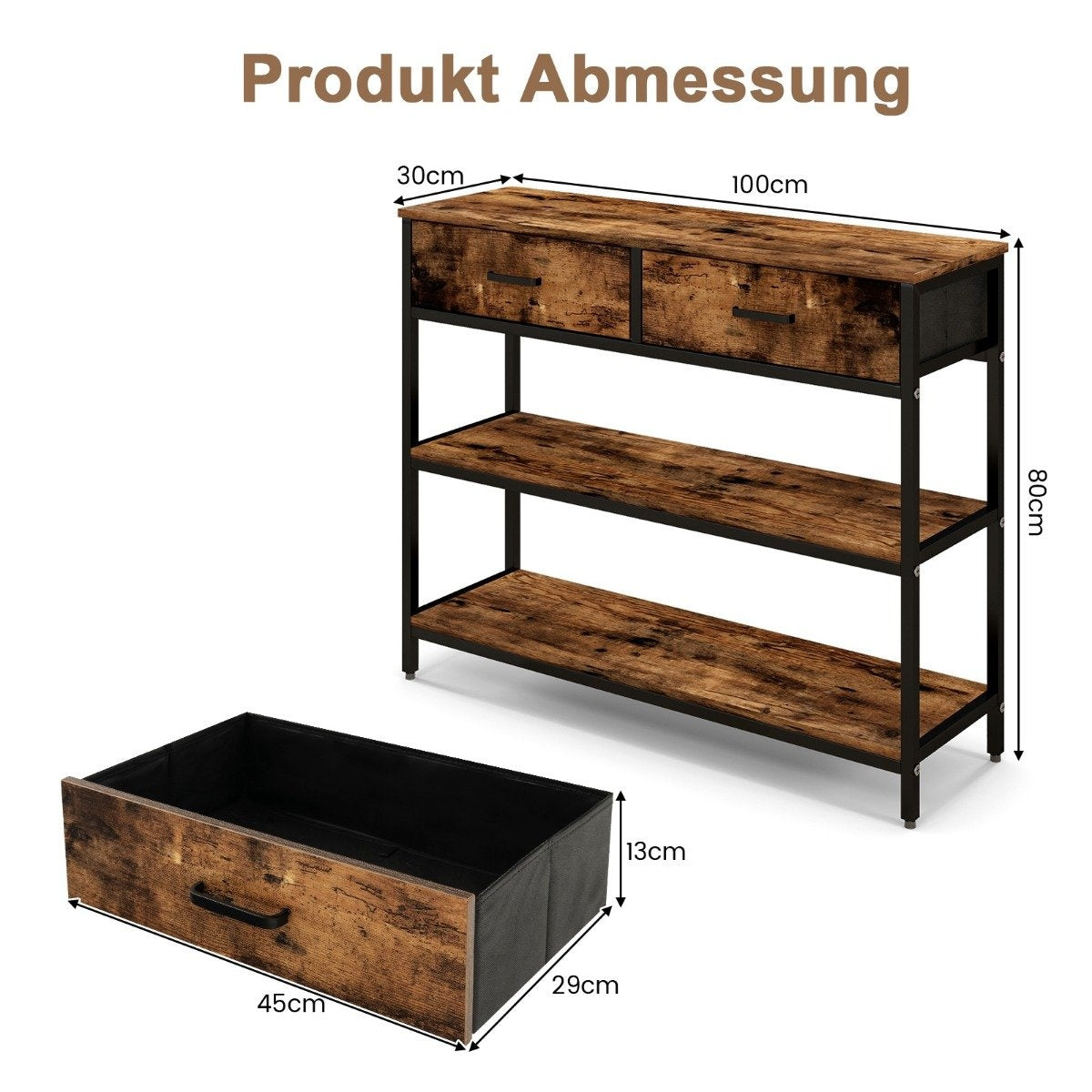 100cm Console Table with 2 Fabric Drawers 3 Tier Side Table Rustic Brown