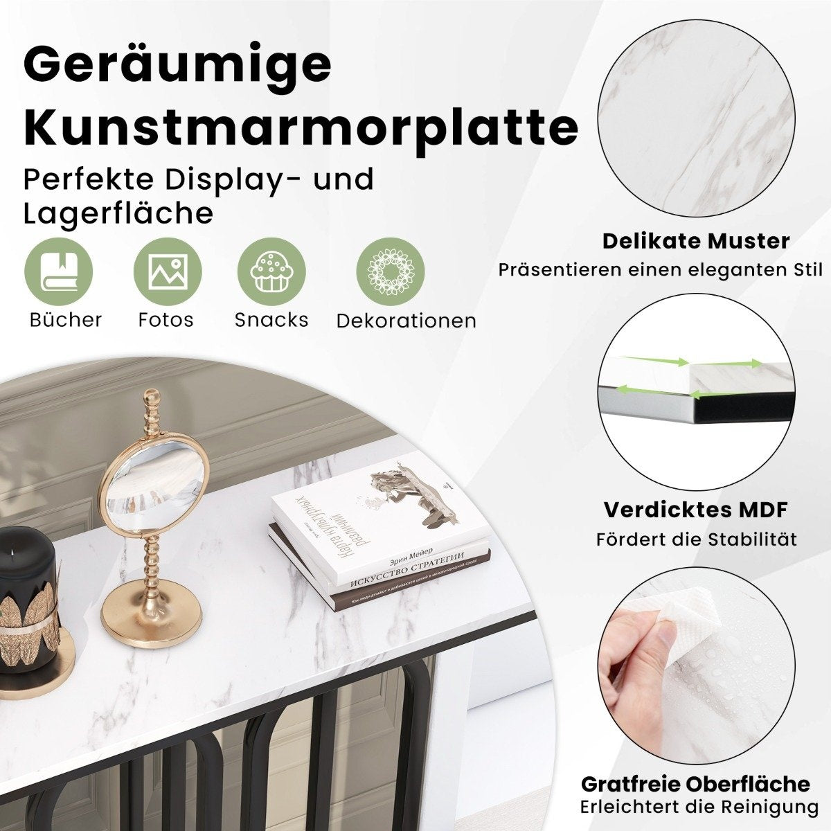 100cm Faux Marble Console Table with Adjustable Foot Pads & Metal Frame & Anti-tip Sets