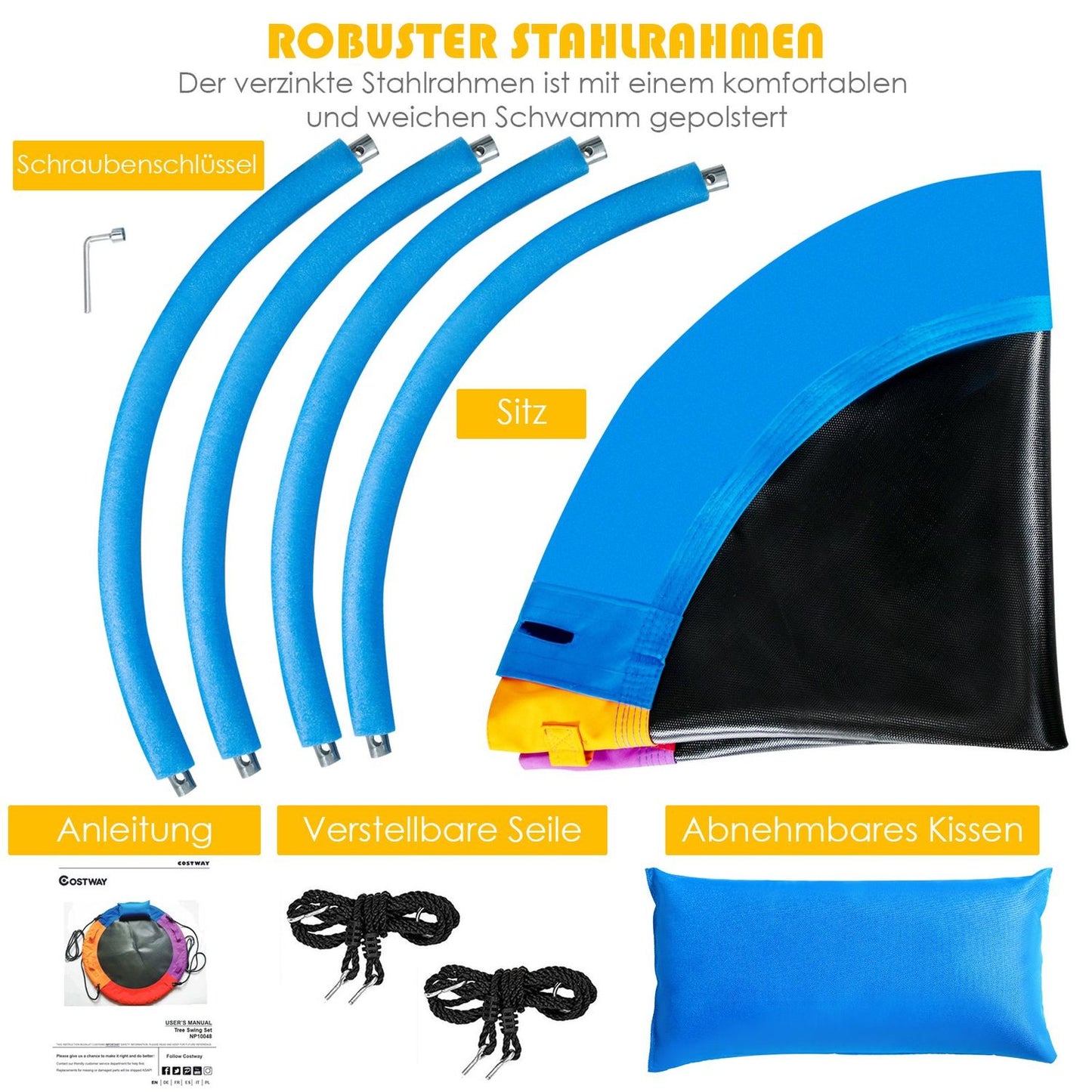 Ø100 cm swing with 100 - 180 cm adjustable rope saucer tree swing colorful