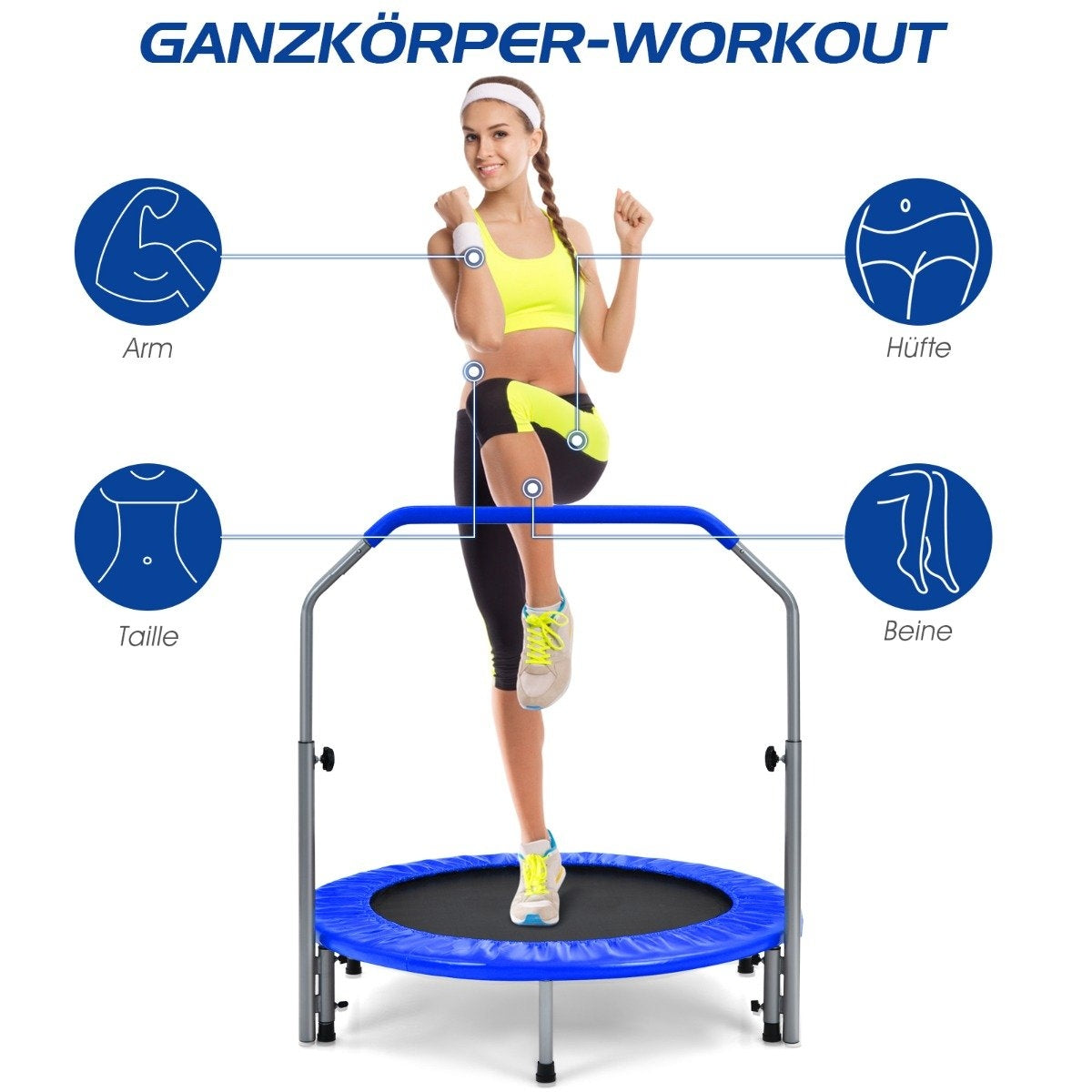 Ø101 cm folding mini trampoline fitness trampoline with height-adjustable handle blue + black