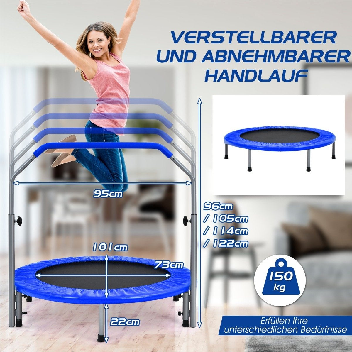 Ø101 cm folding mini trampoline fitness trampoline with height-adjustable handle blue + black