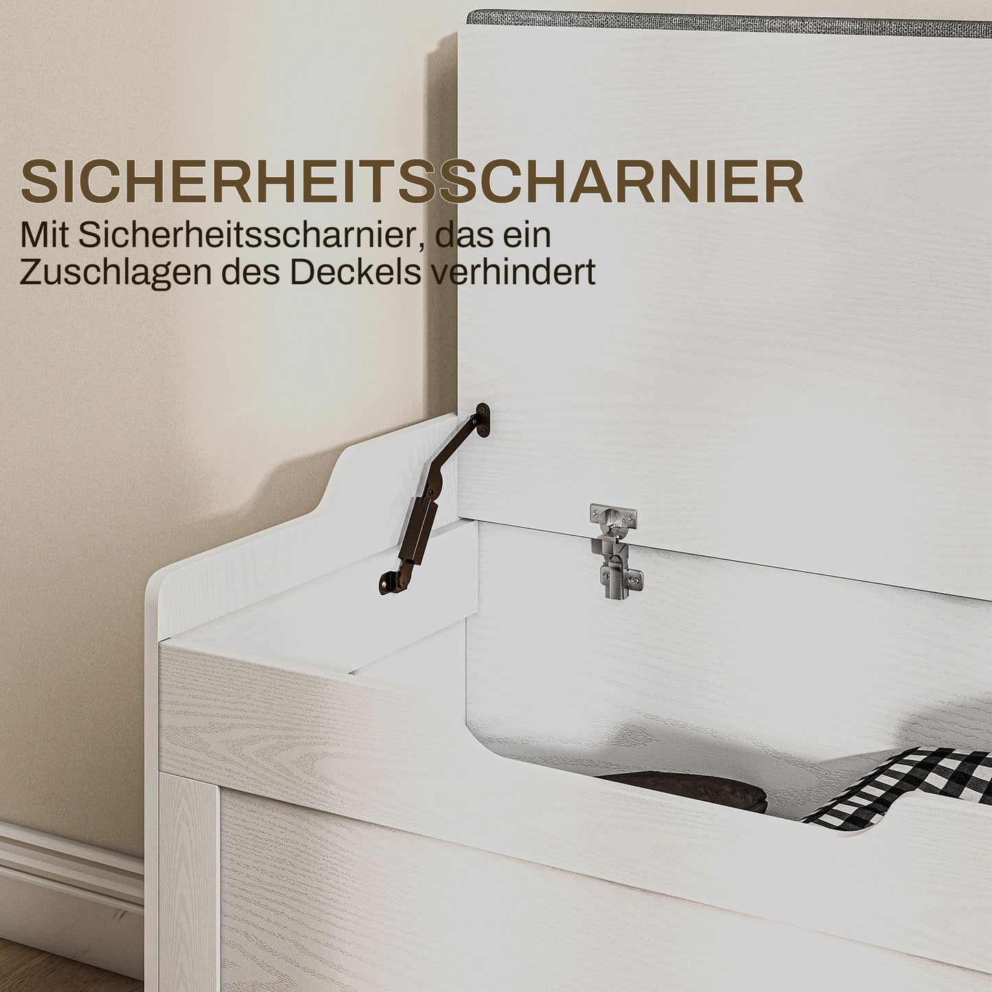 White 103L storage chest with lid and removable cushion