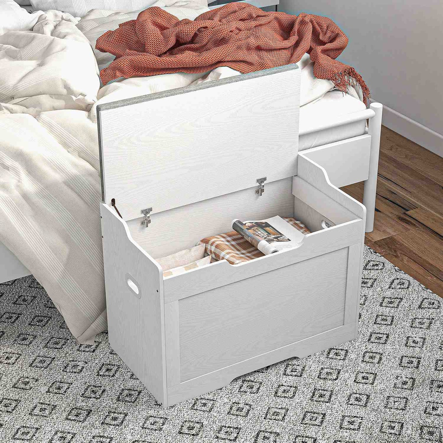 White 103L storage chest with lid and removable cushion