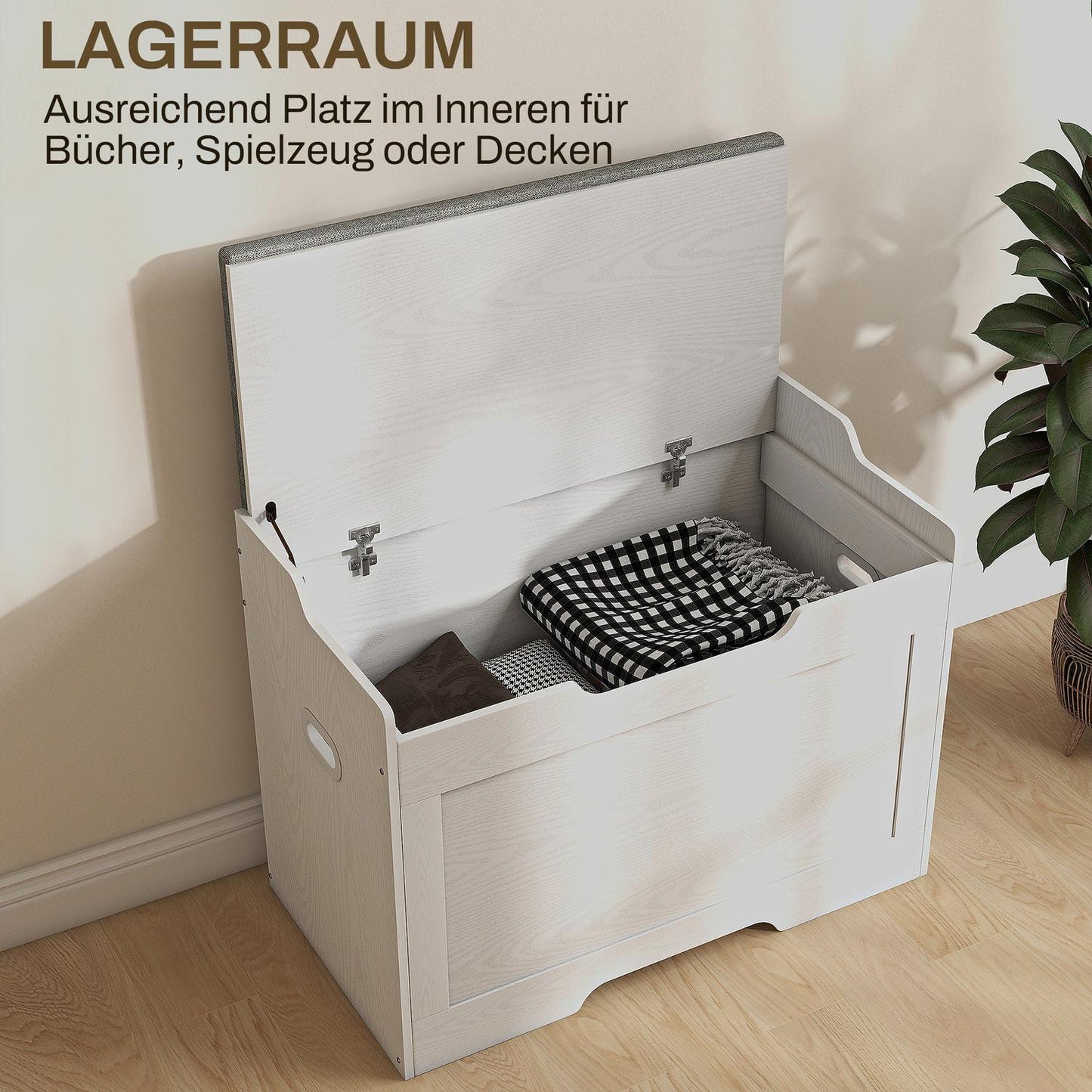 White 103L storage chest with lid and removable cushion