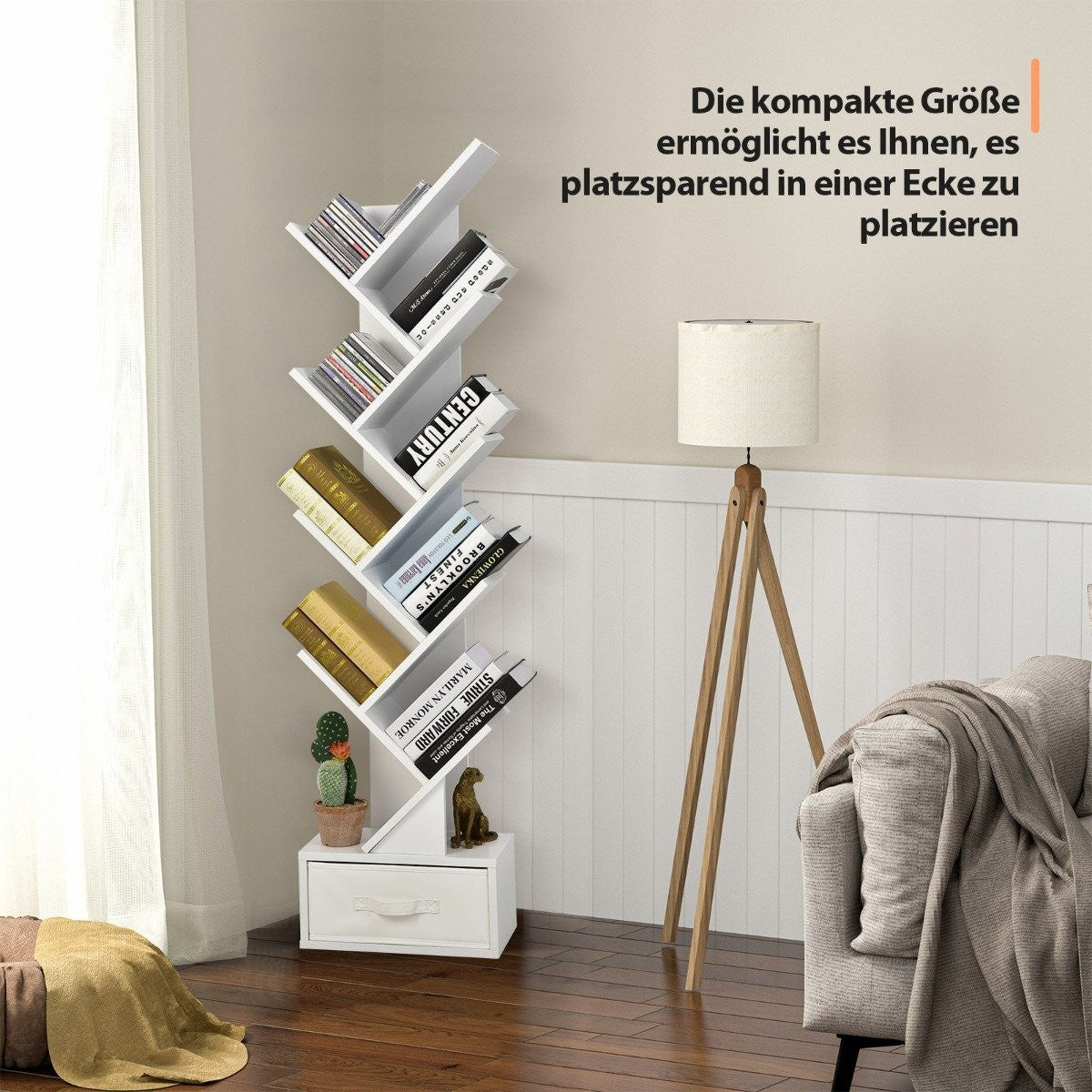 10 Tier Tree Bookshelf with Drawer Floor Standing Storage Rack White