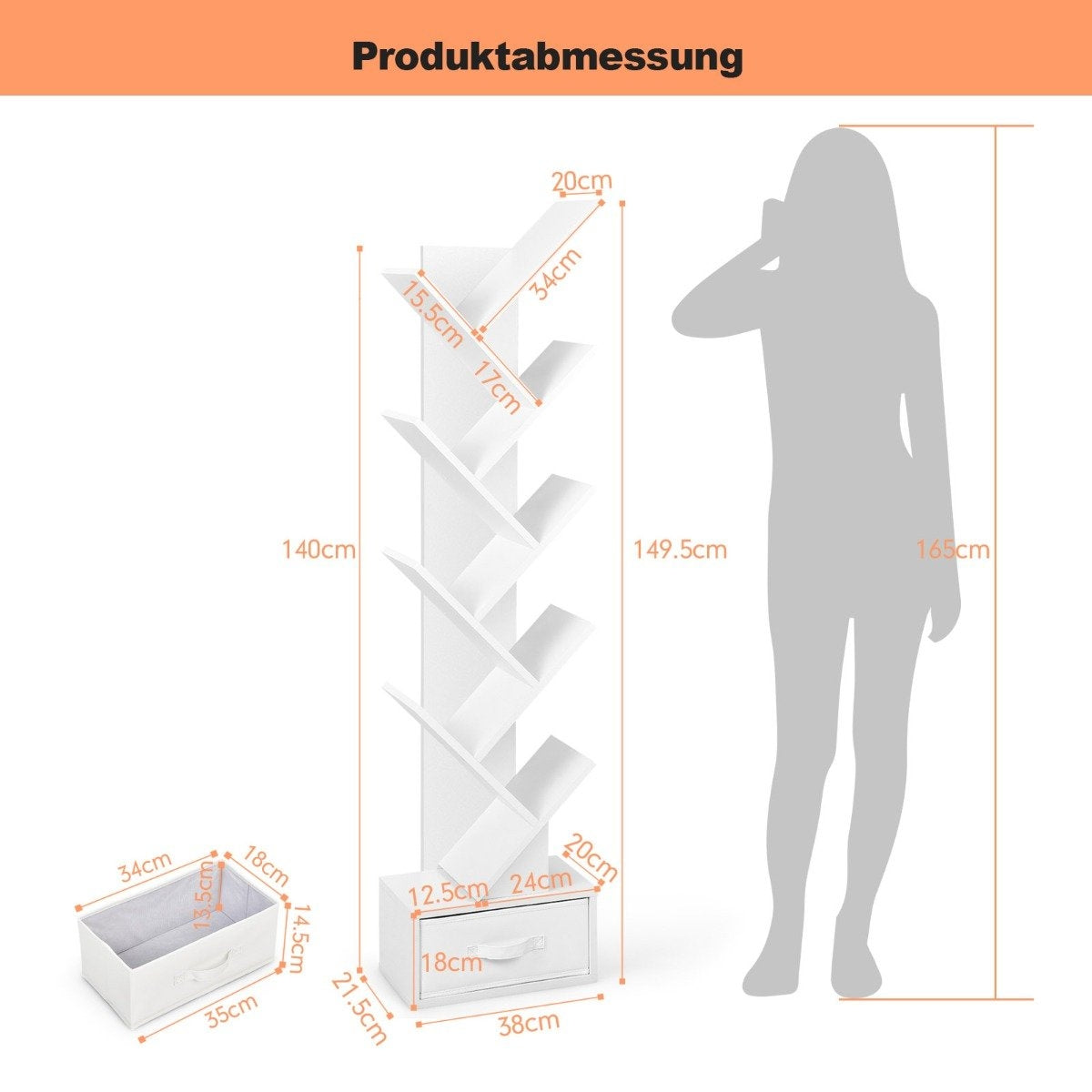 10 Tier Tree Bookshelf with Drawer Floor Standing Storage Rack White