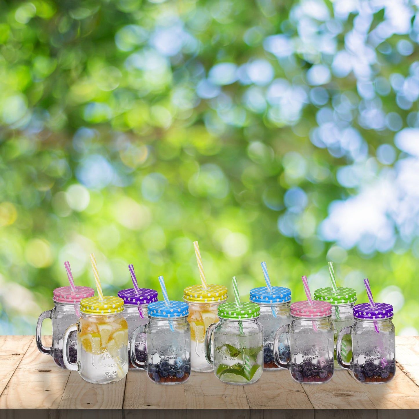 10x Colourful Drinking Glasses with Lids