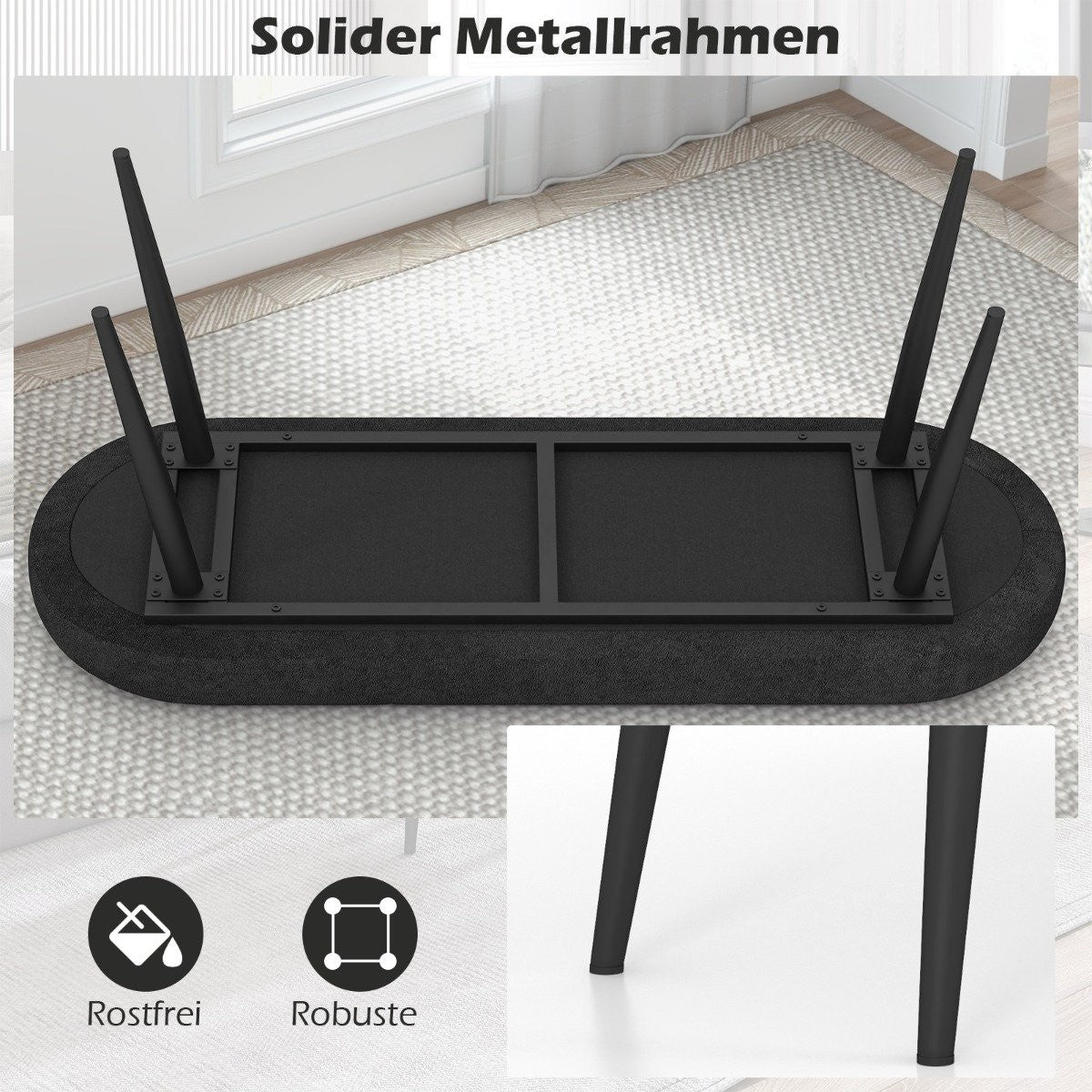 113 cm bench with cushions & Metal legs upholstered bench ottoman up to 300 kg load capacity black
