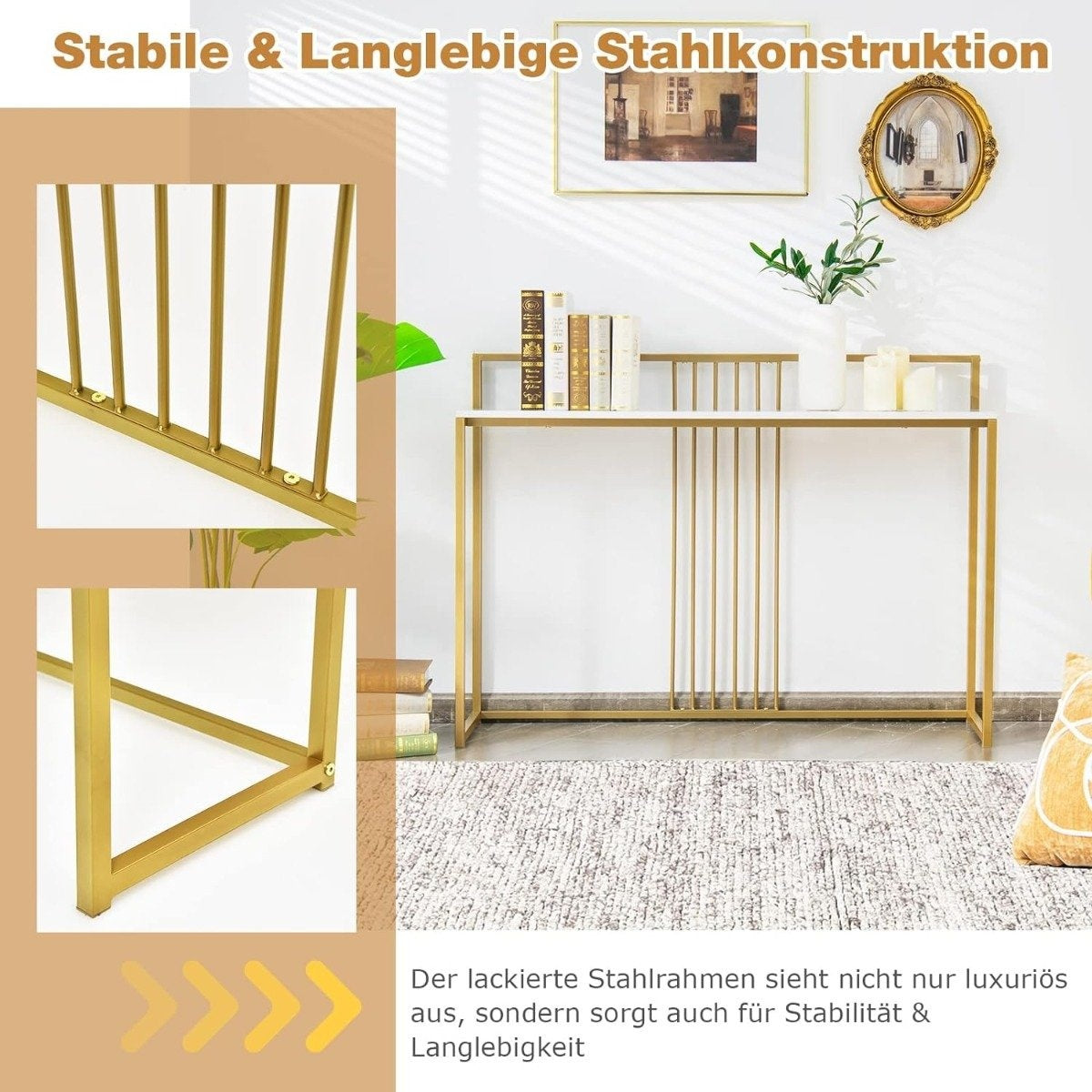 120 cm Console Table with Marble Look & Gold Metal Frame Modern Hallway Table White