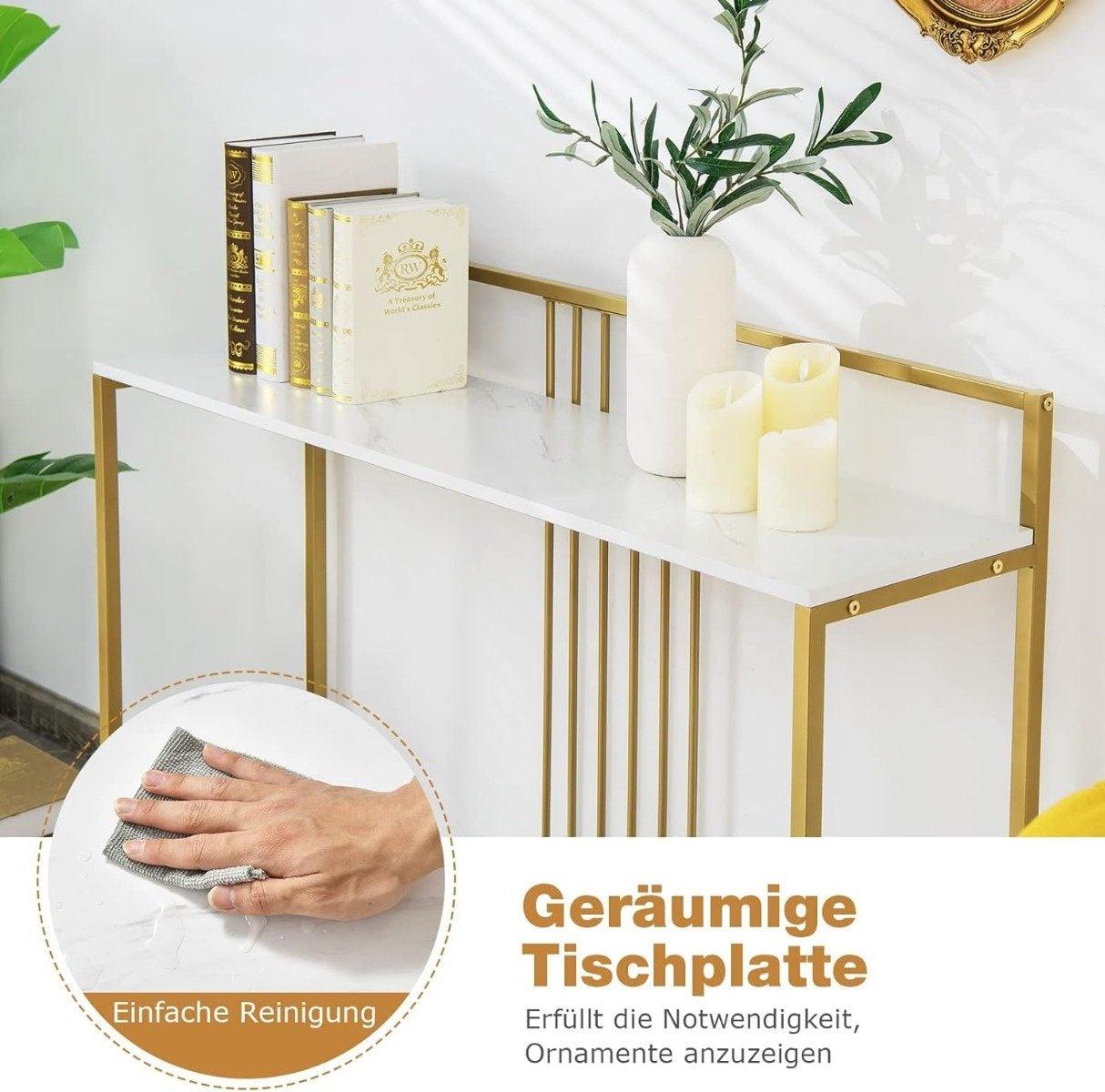 120 cm Console Table with Marble Look & Gold Metal Frame Modern Hallway Table White