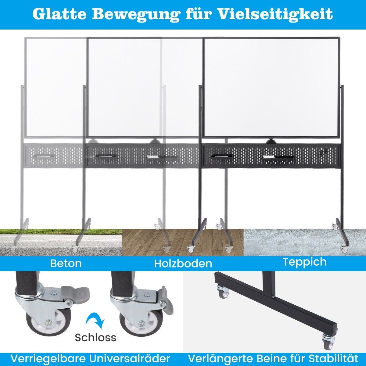 120 x 90 cm Double-Sided Mobile Whiteboard with Pegboard & Roles & Black stand