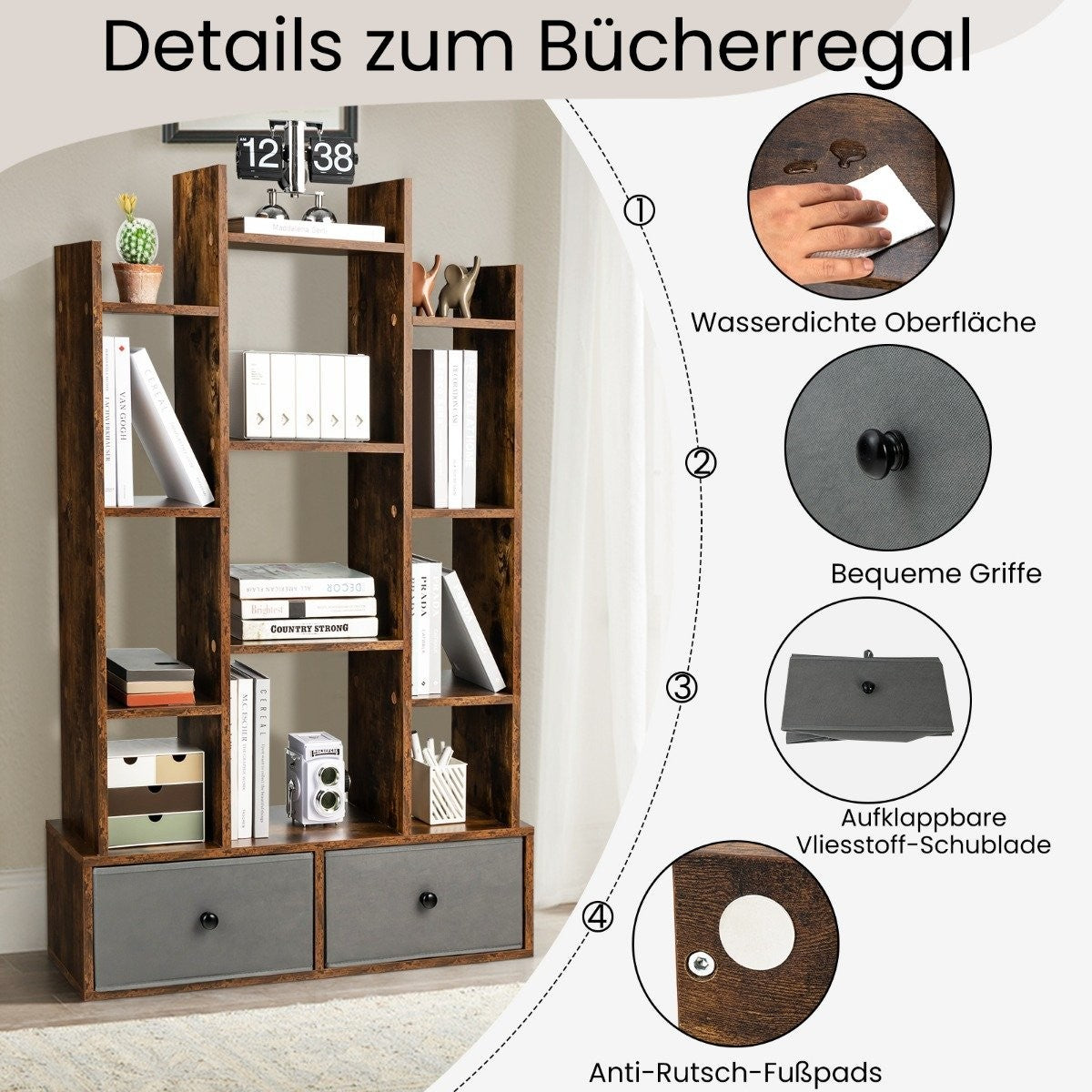12 Tier Open Back Bookcase & Drawer 81 x 24 x 132 cm Brown
