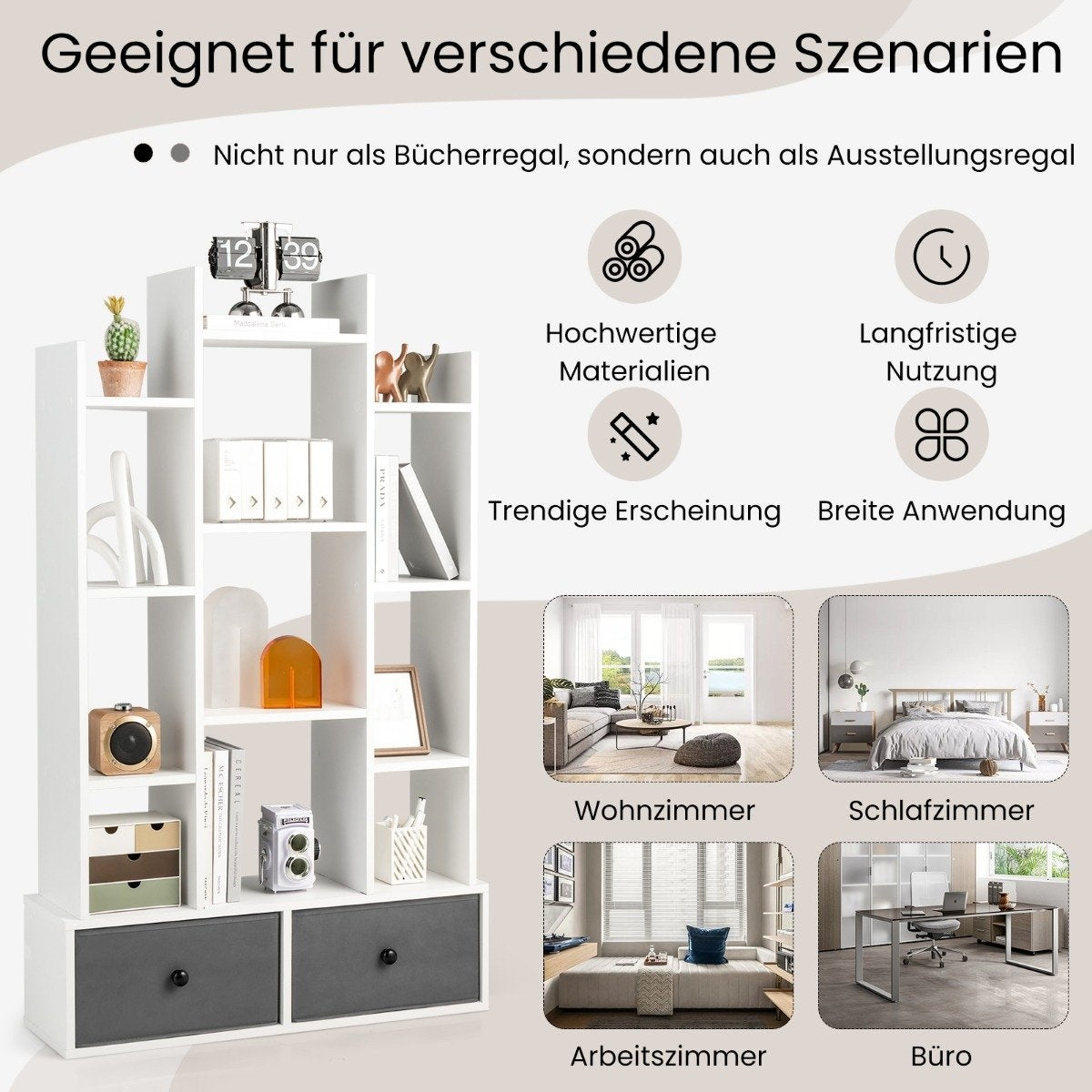 12 Tier Open Back Bookcase & Drawer 81 x 24 x 132 cm White