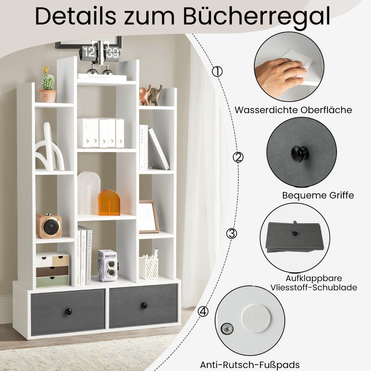 12 Tier Open Back Bookcase & Drawer 81 x 24 x 132 cm White