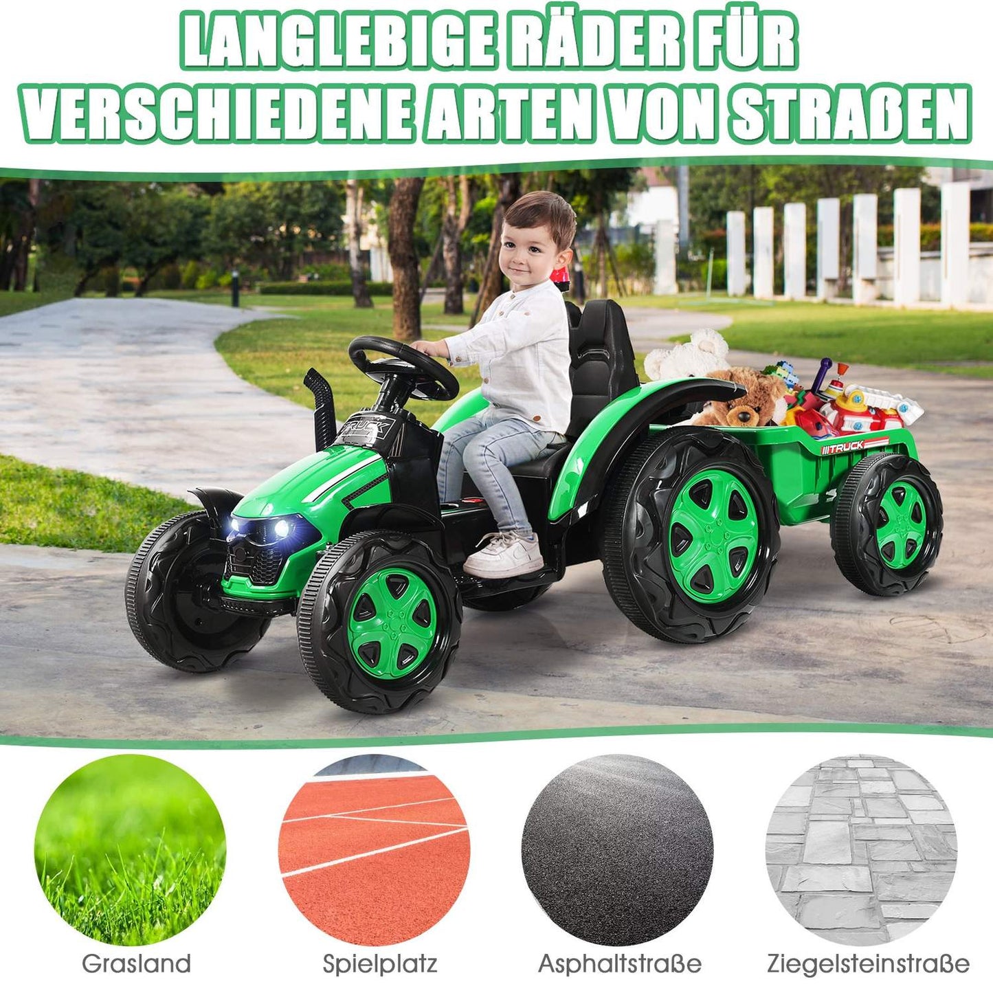 12V Children's Electric Tractor with Trailer Toy Tractor 151 x 68 x 70 cm Green
