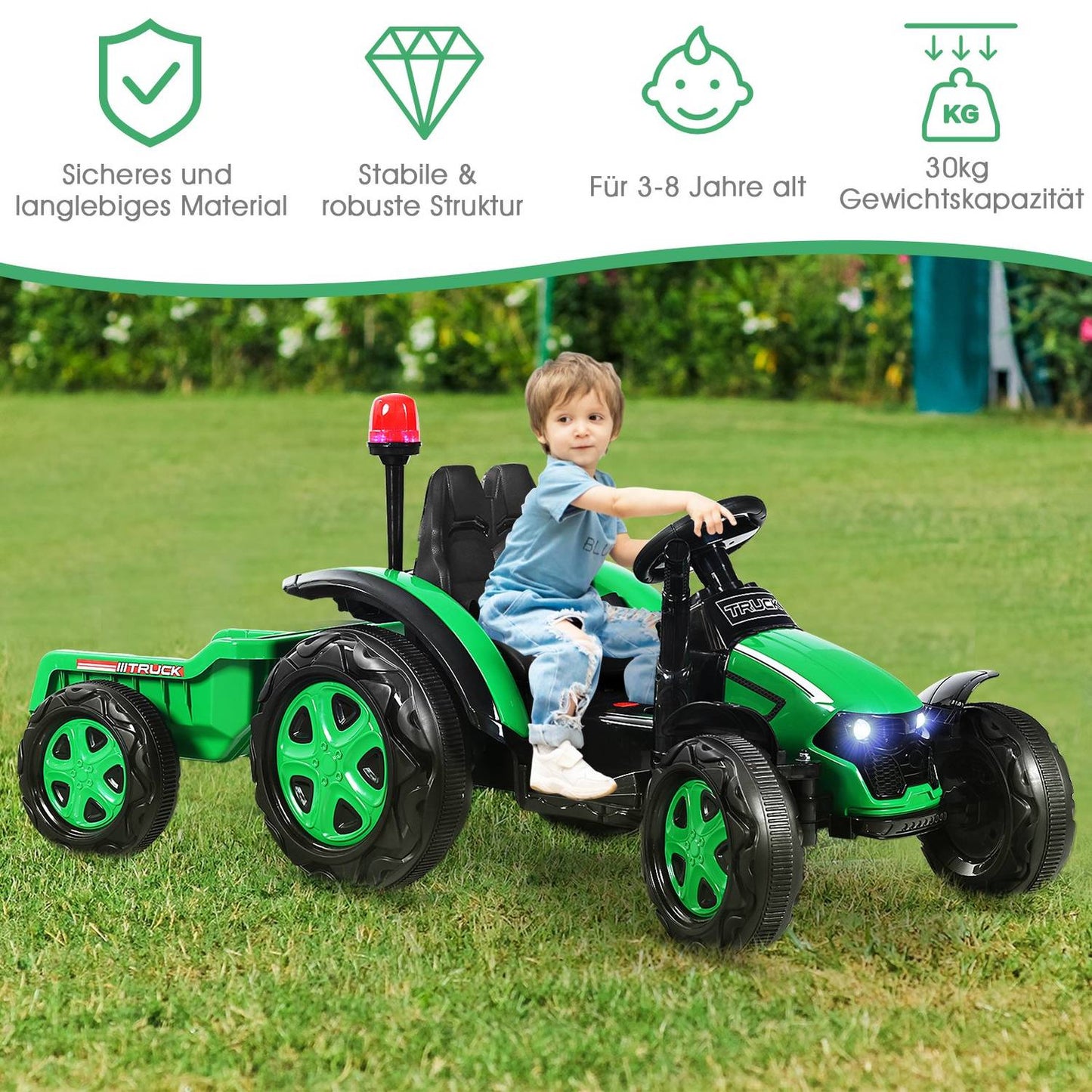 12V Children's Electric Tractor with Trailer Toy Tractor 151 x 68 x 70 cm Green