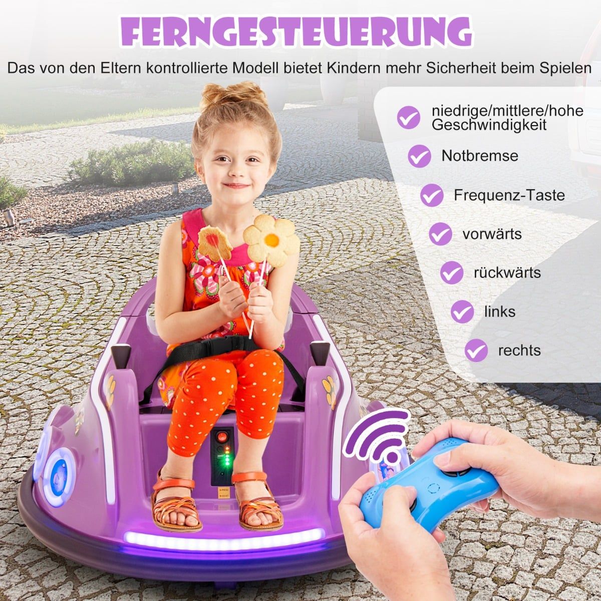 12V Kids Bumper Car, 360 Spin, Music & Remote, Purple