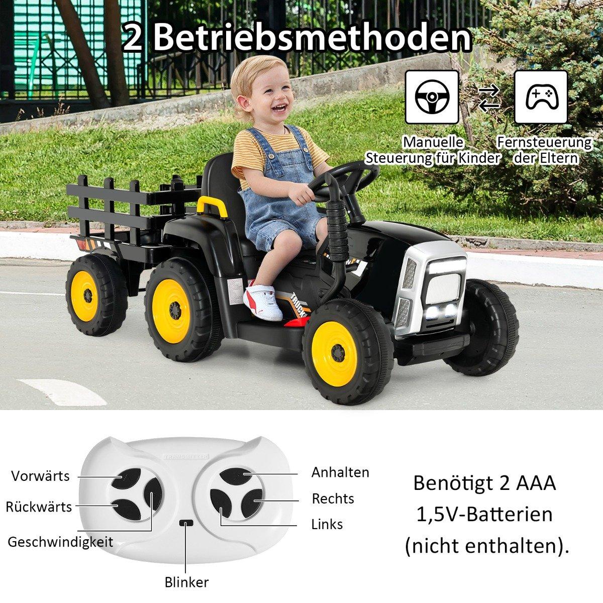 12V Kids Tractor with Detachable Trailer & Remote Control Electric Toy Car Black