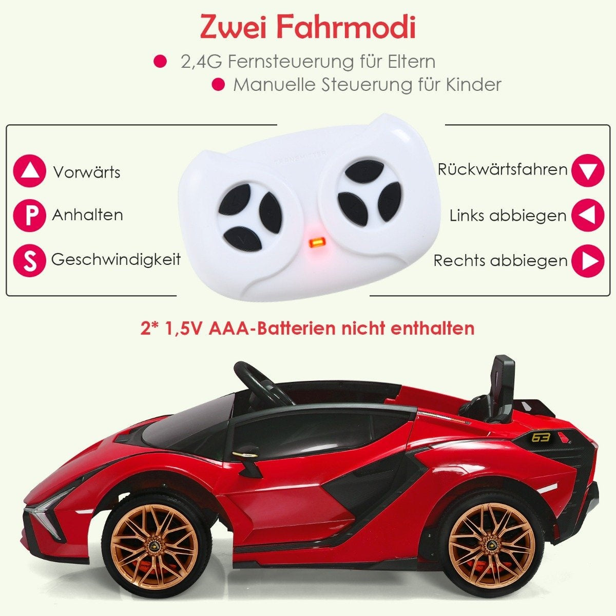 12V Lamborghini children's electric car with 2.4G remote control children's car 3-5km/h with MP3 red