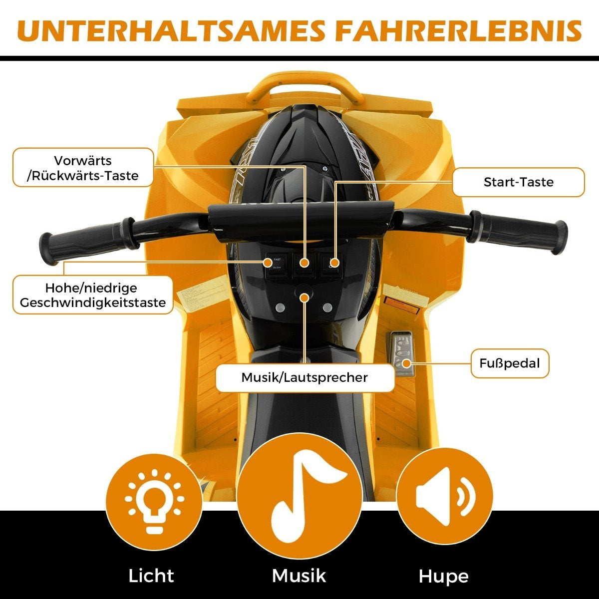 12V electric children's quad with 2.2/4.3 KM/H speed & Horn, music & LED lights electric quad yellow
