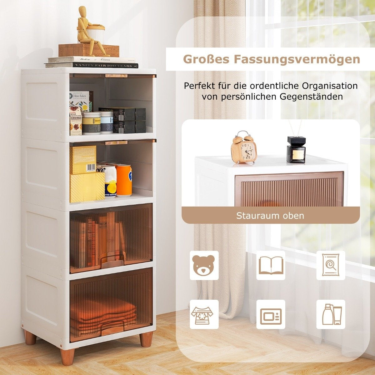 150 L storage box with magnetic doors, set of 4, stackable plastic box, white