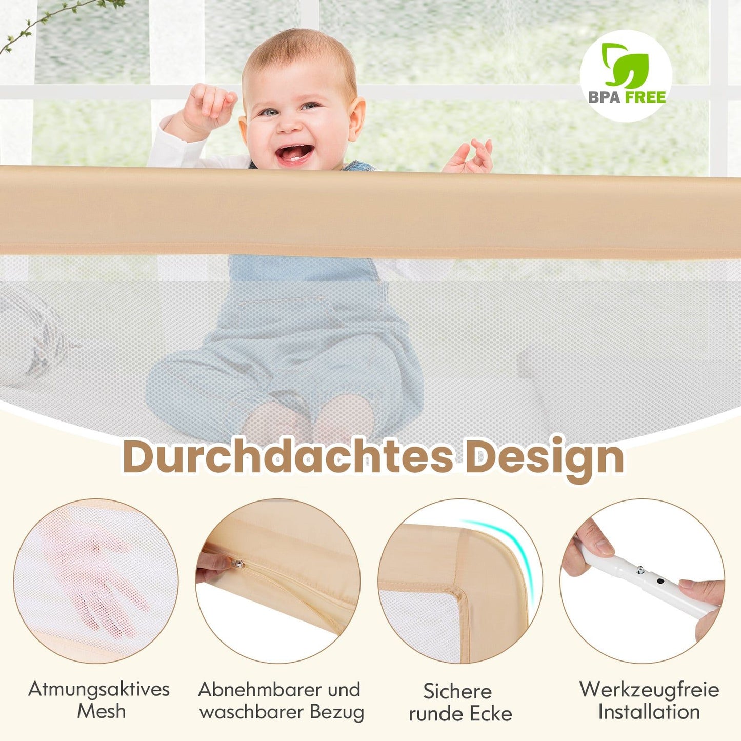 150 cm Foldable Toddler Bed Rail with Breathable Mesh