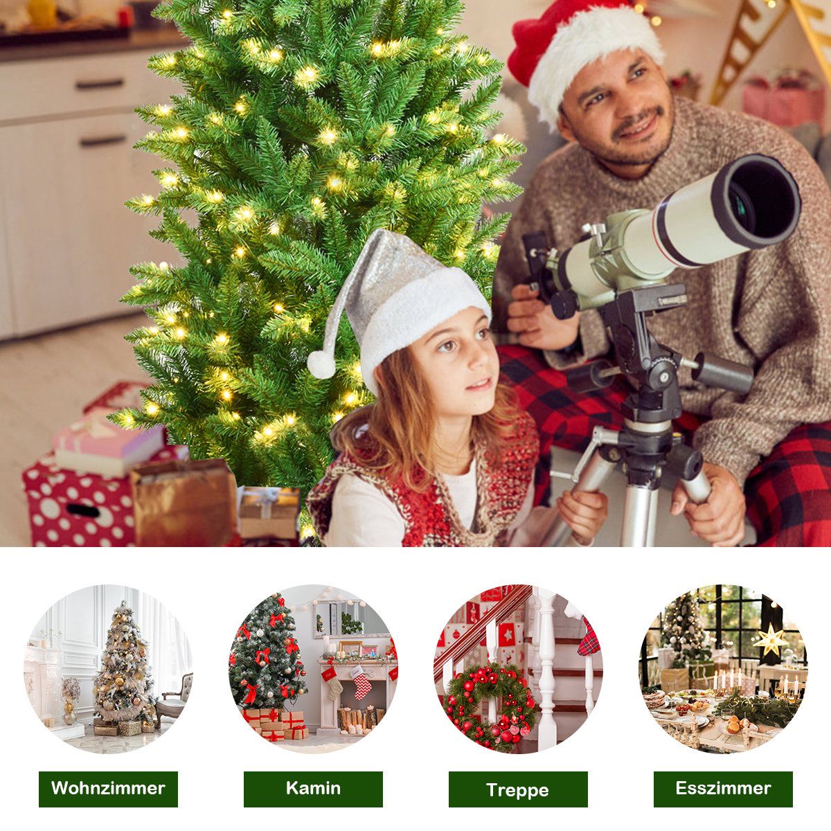 150 cm high illuminated artificial pencil Christmas tree with warm white green lights