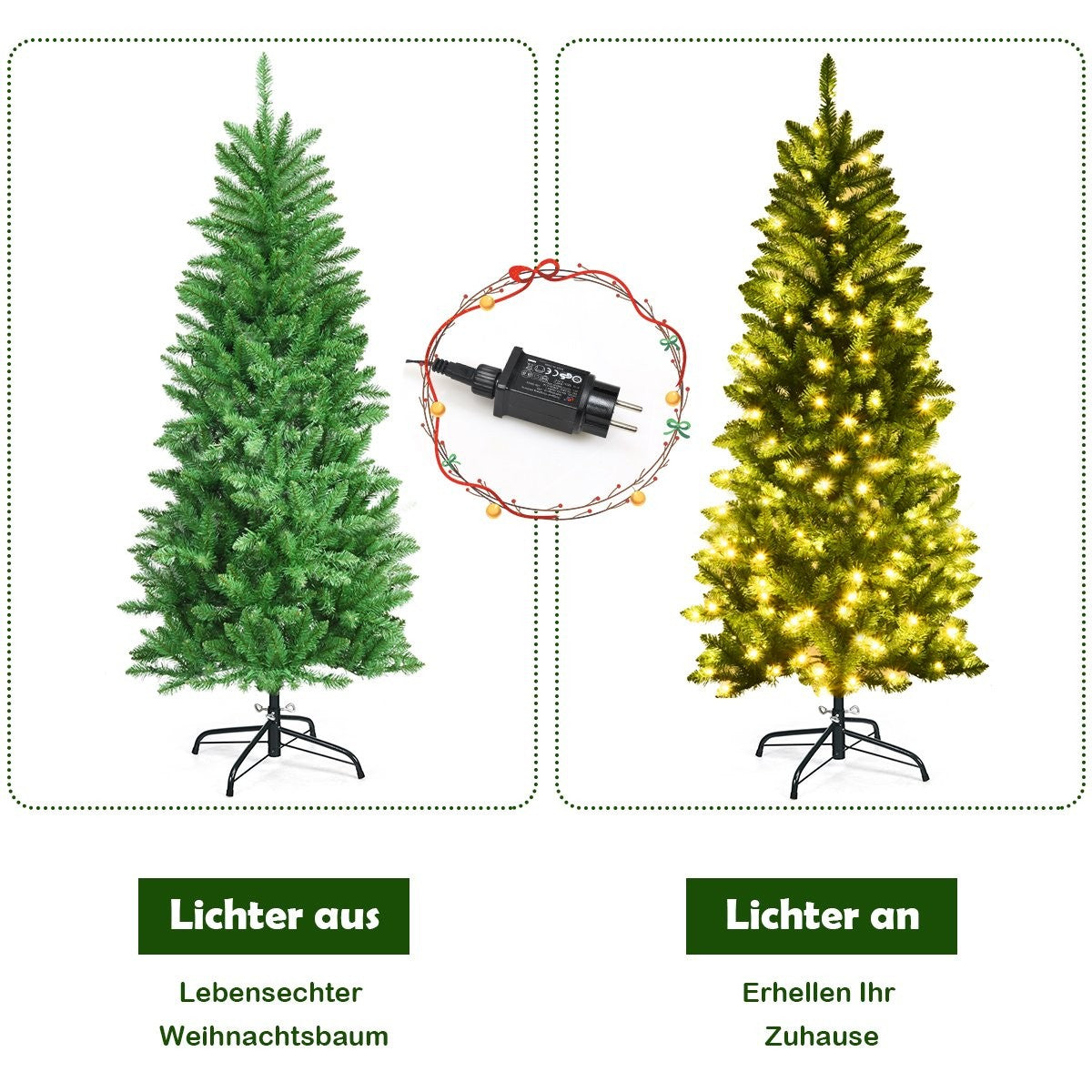 150 cm high illuminated artificial pencil Christmas tree with warm white green lights