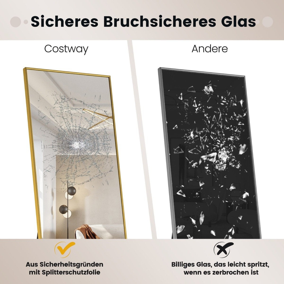 160 x 40 cm full-length mirror 2 in 1 standing mirror & wall mirror made of shatterproof glass gold