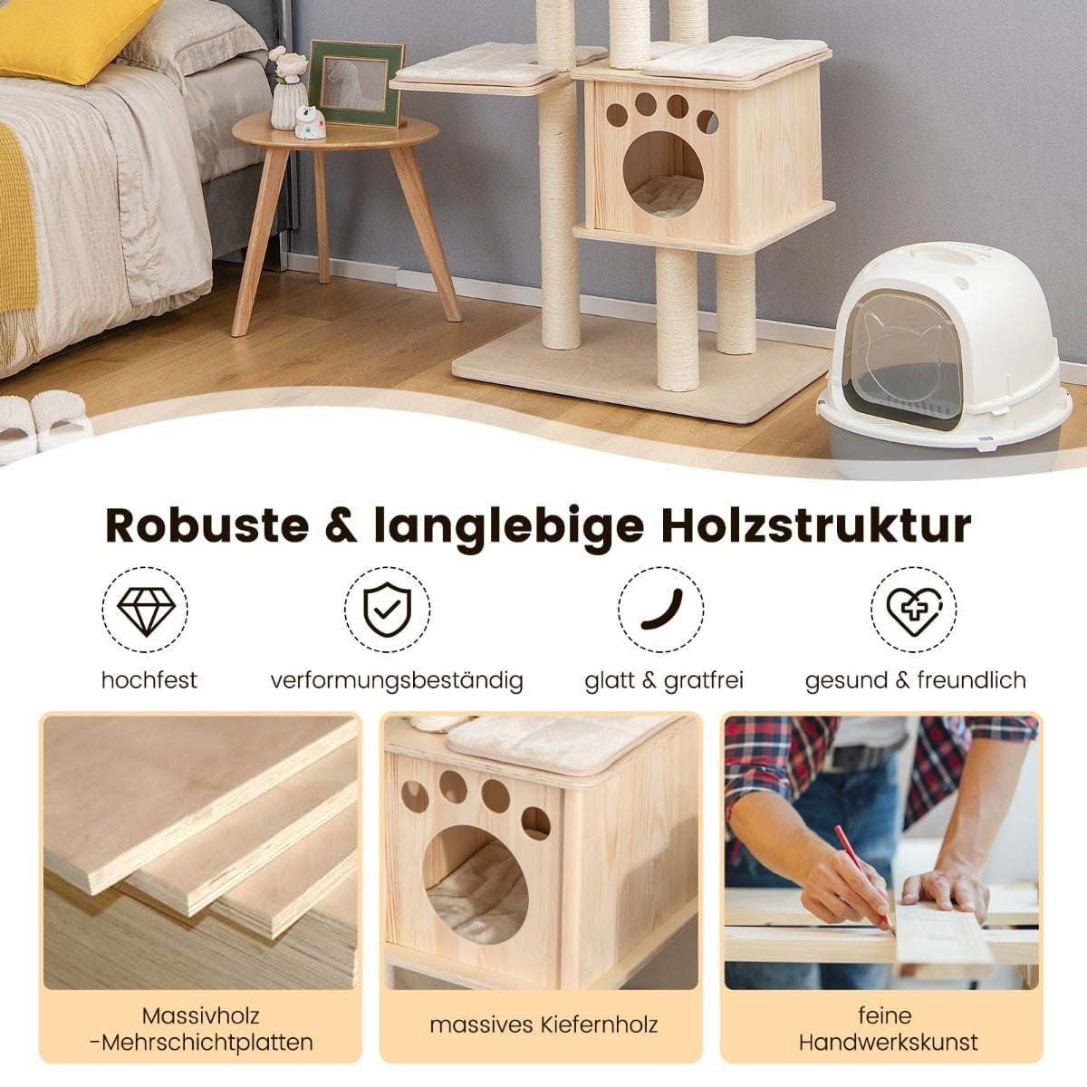 170 cm Wooden Cat Tree, 6 Levels, Sisal Rope, Beige