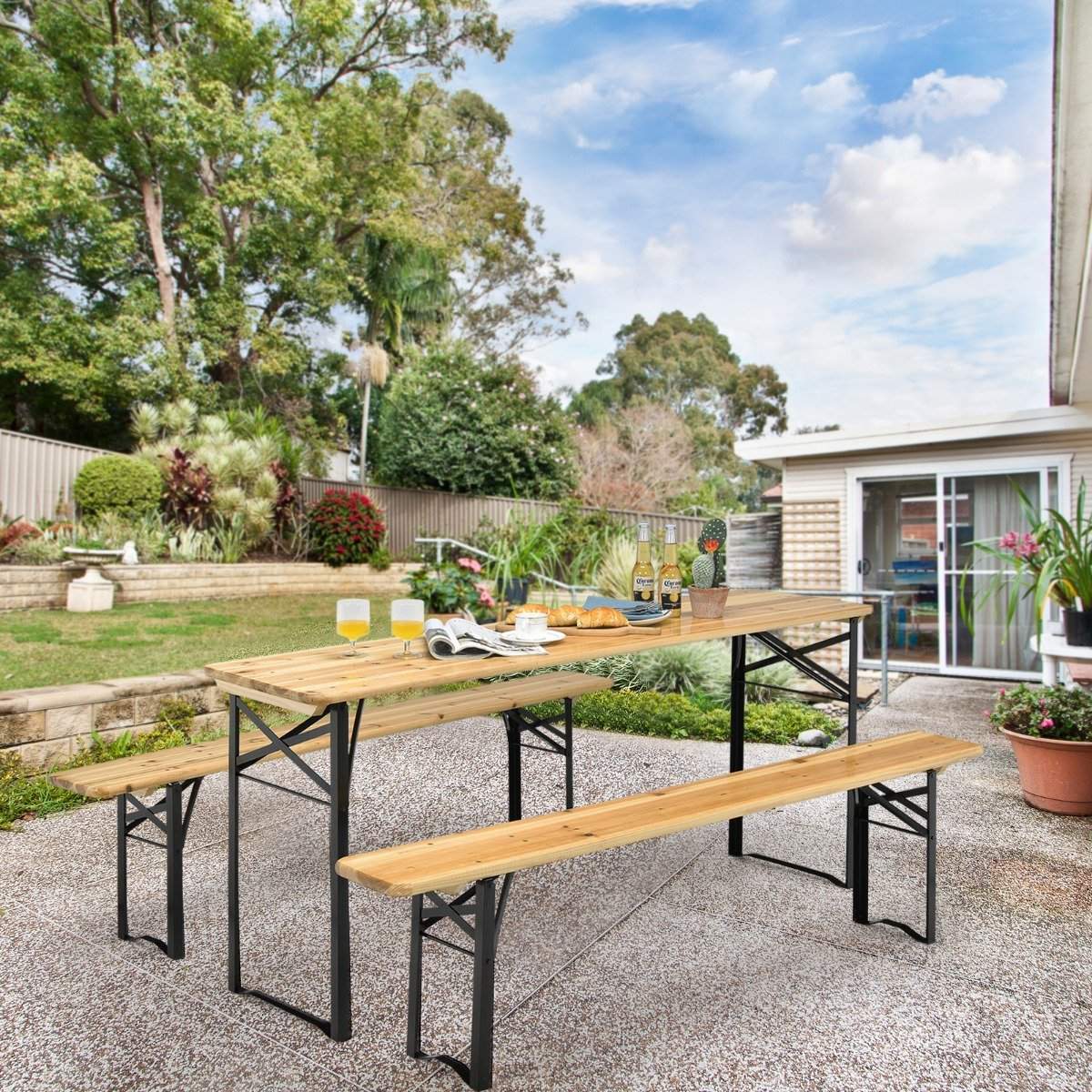 178cm Long Beer Table with Seating Set 3 Piece Folding Picnic Table and Bench Set