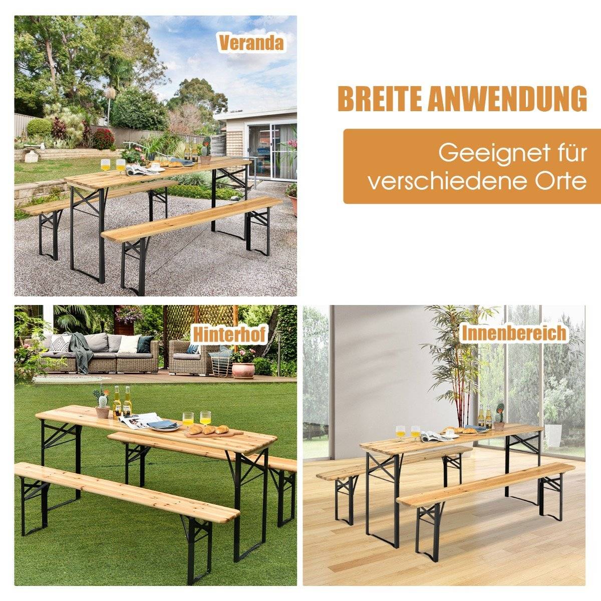 178cm Long Beer Table with Seating Set 3 Piece Folding Picnic Table and Bench Set