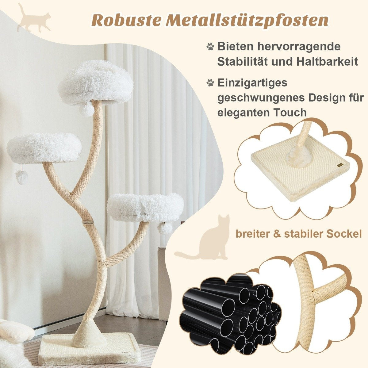 178 cm cat tree with sisal scratching posts & 3 warm lying surfaces & plush balls beige