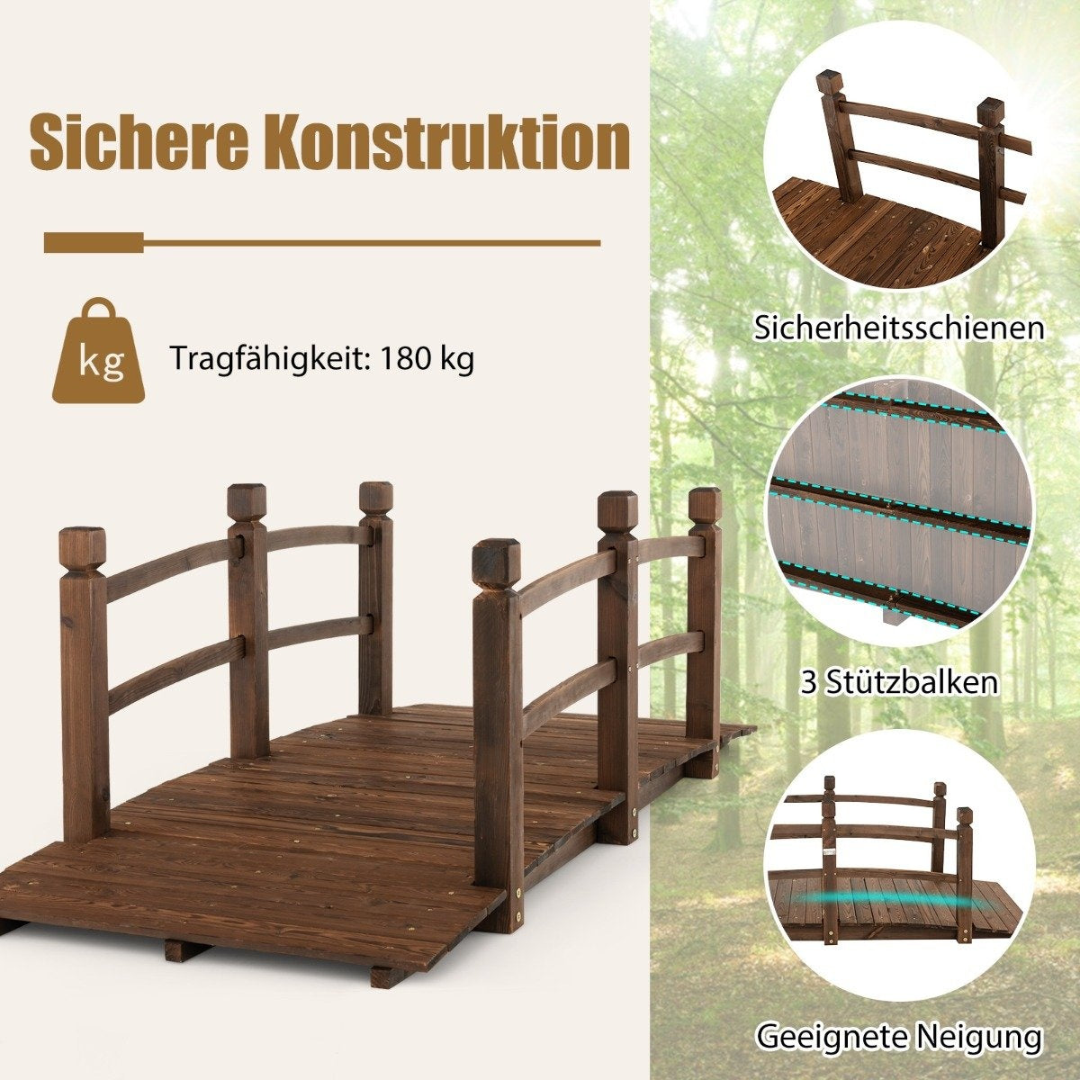 1.7 m long wooden garden bridge, decorative pond bridge with fall protection, 180 kg load capacity