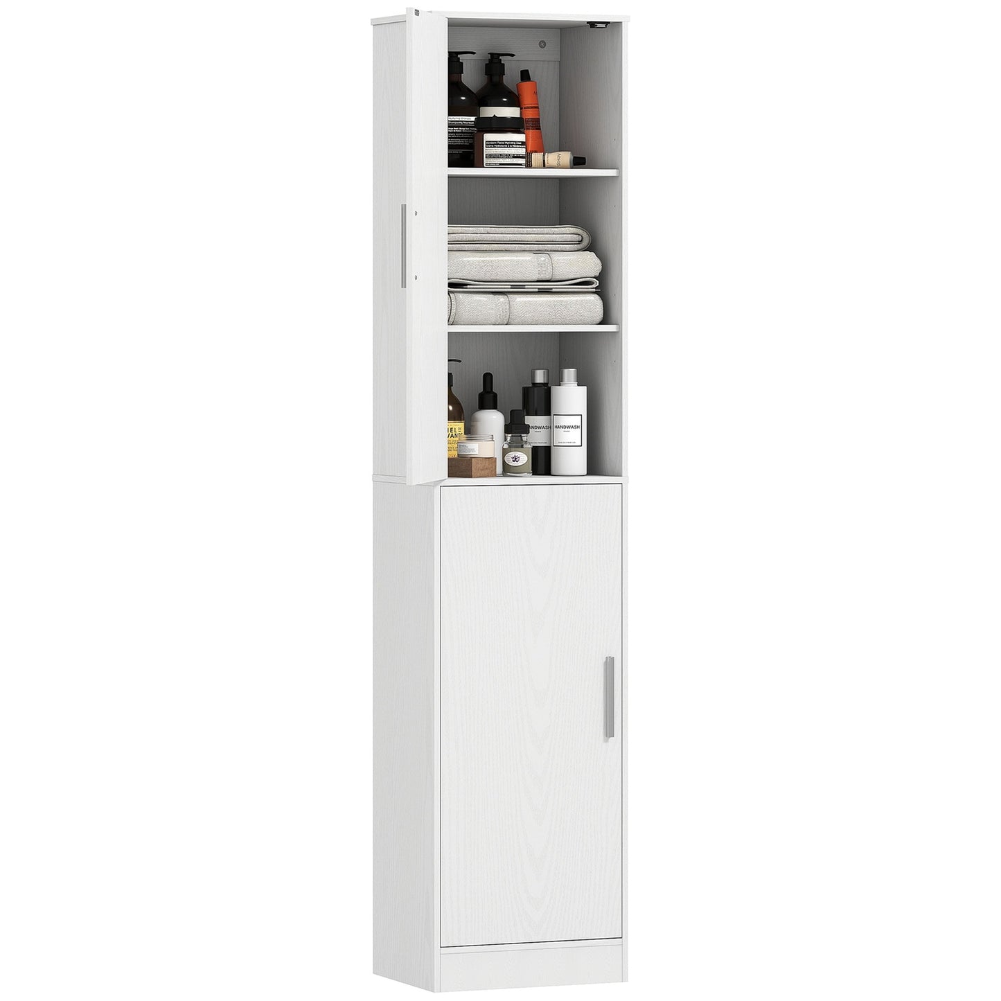 180 cm high bathroom cabinet, narrow bathroom cabinet with 2 doors, 4 adjustable shelves, chipboard, MDF, white
