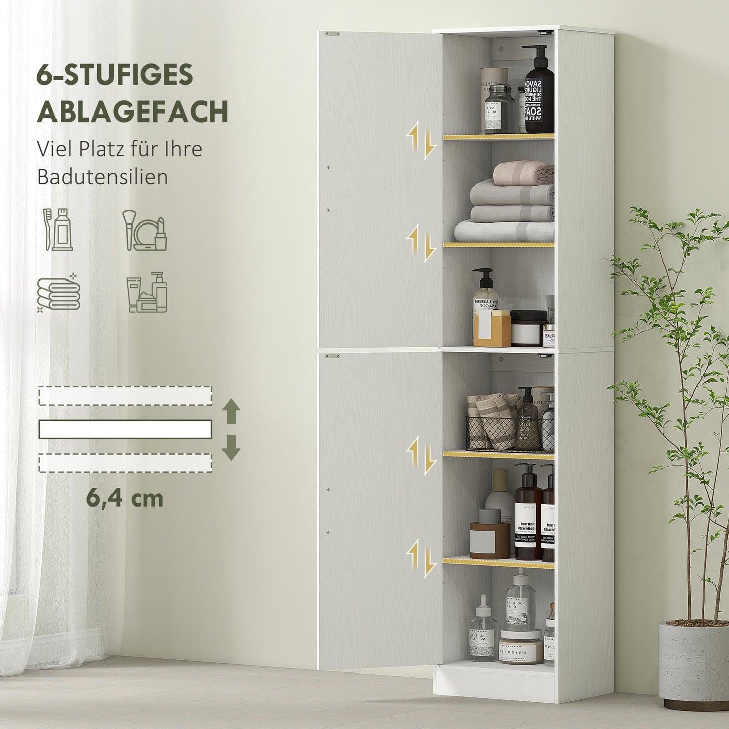 180 cm high bathroom cabinet, narrow bathroom cabinet with 2 doors, 4 adjustable shelves, chipboard, MDF, white