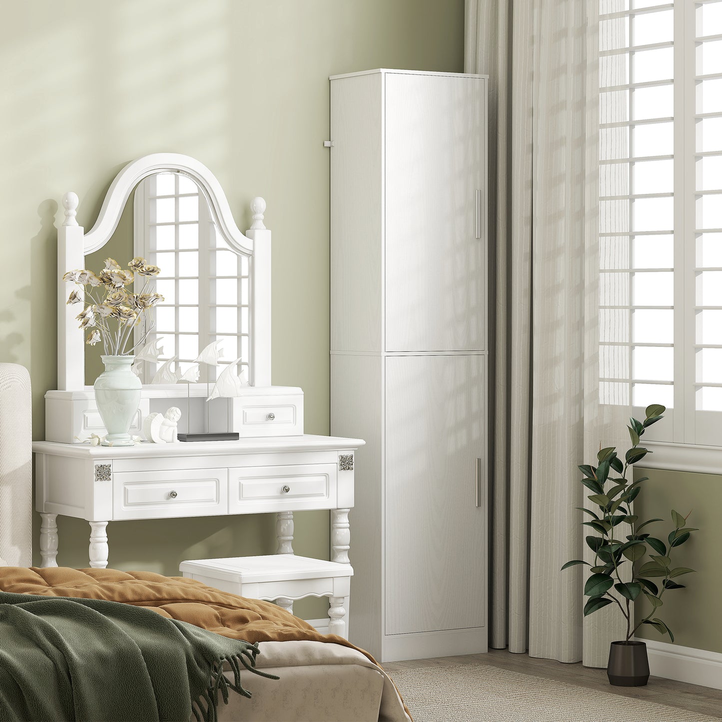 180 cm high bathroom cabinet, narrow bathroom cabinet with 2 doors, 4 adjustable shelves, chipboard, MDF, white