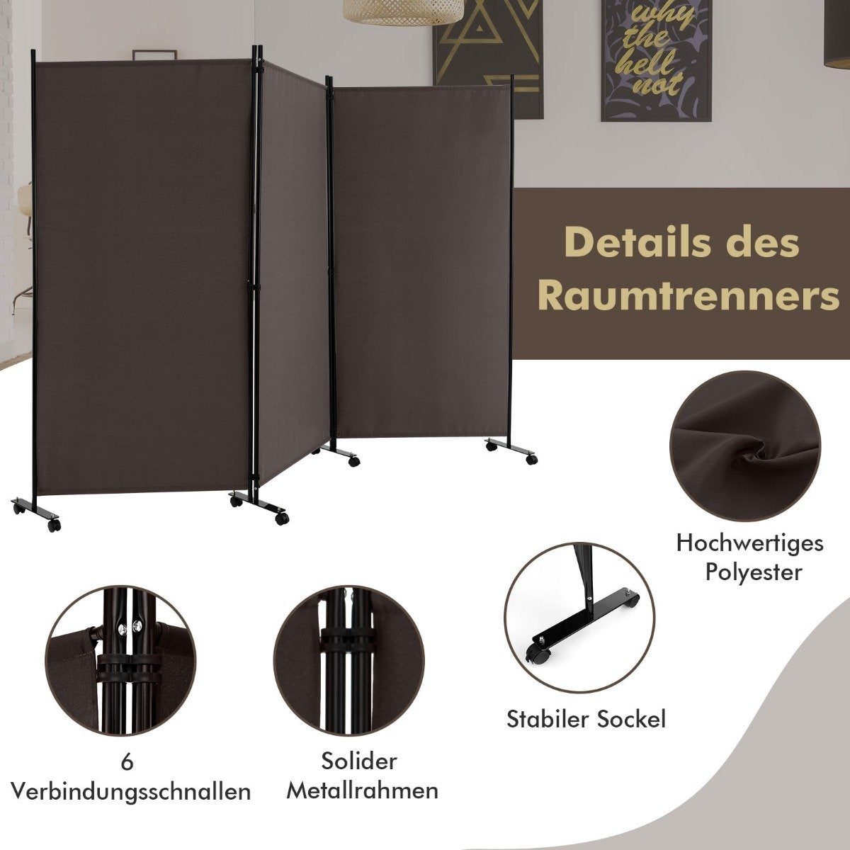 180 cm high room divider on wheels, folding screen with 3 freely combinable panels, brown