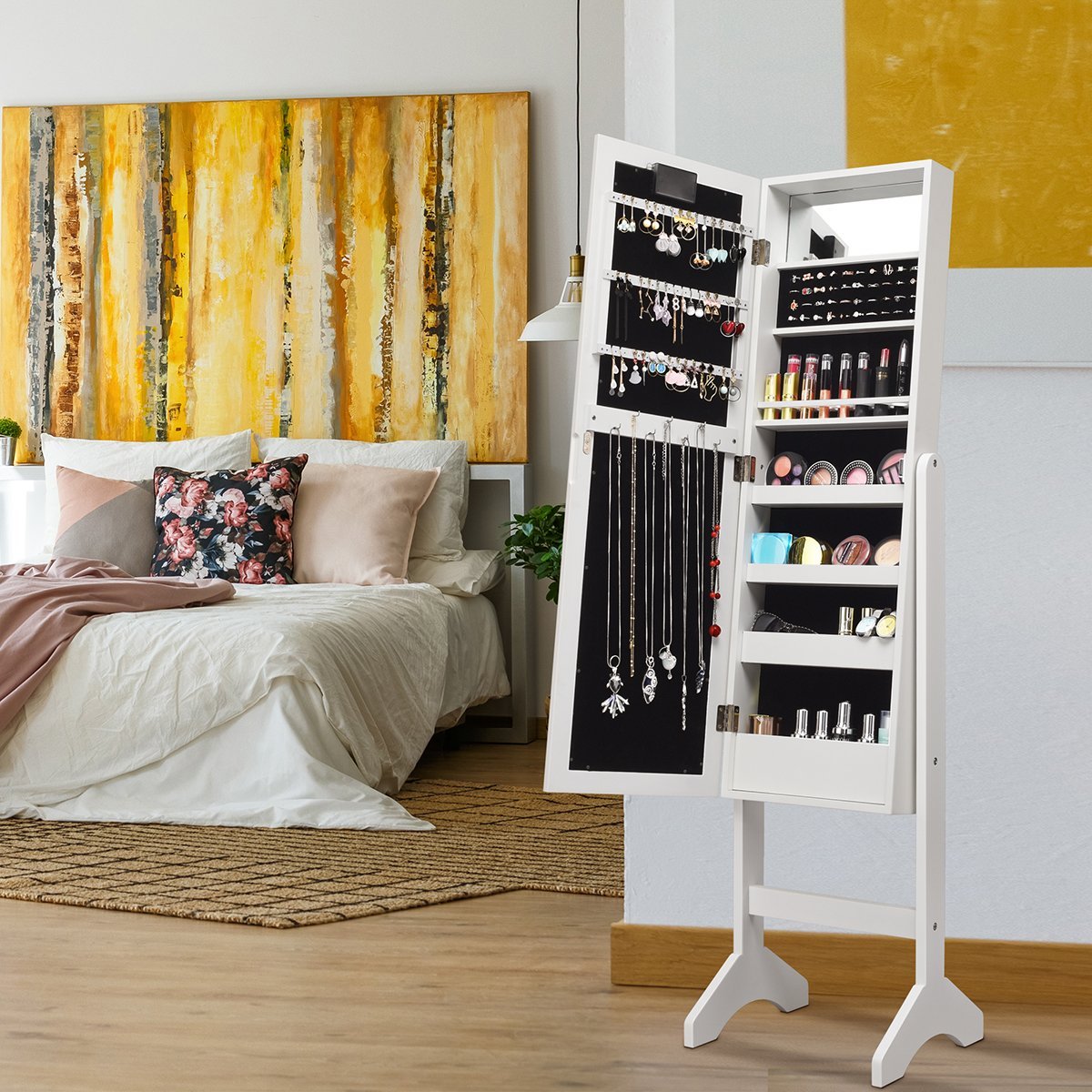 18 LED jewelry cabinet tilt-adjustable jewelry shelf mirror cabinet for makeup white