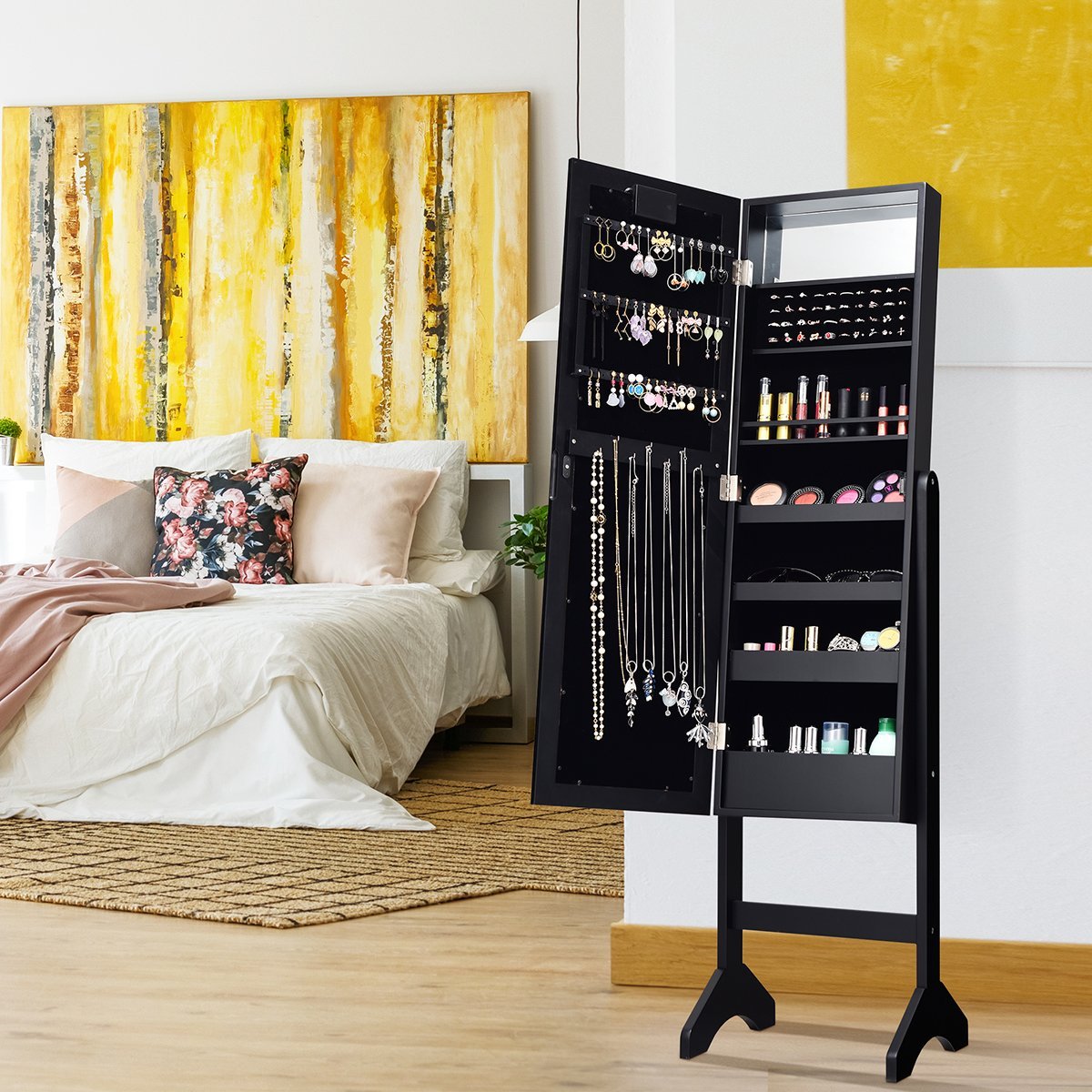 18 LED jewelry cabinet tilt-adjustable standing design jewelry shelf with full-length mirror 35 × 31.5 x 145 cm black