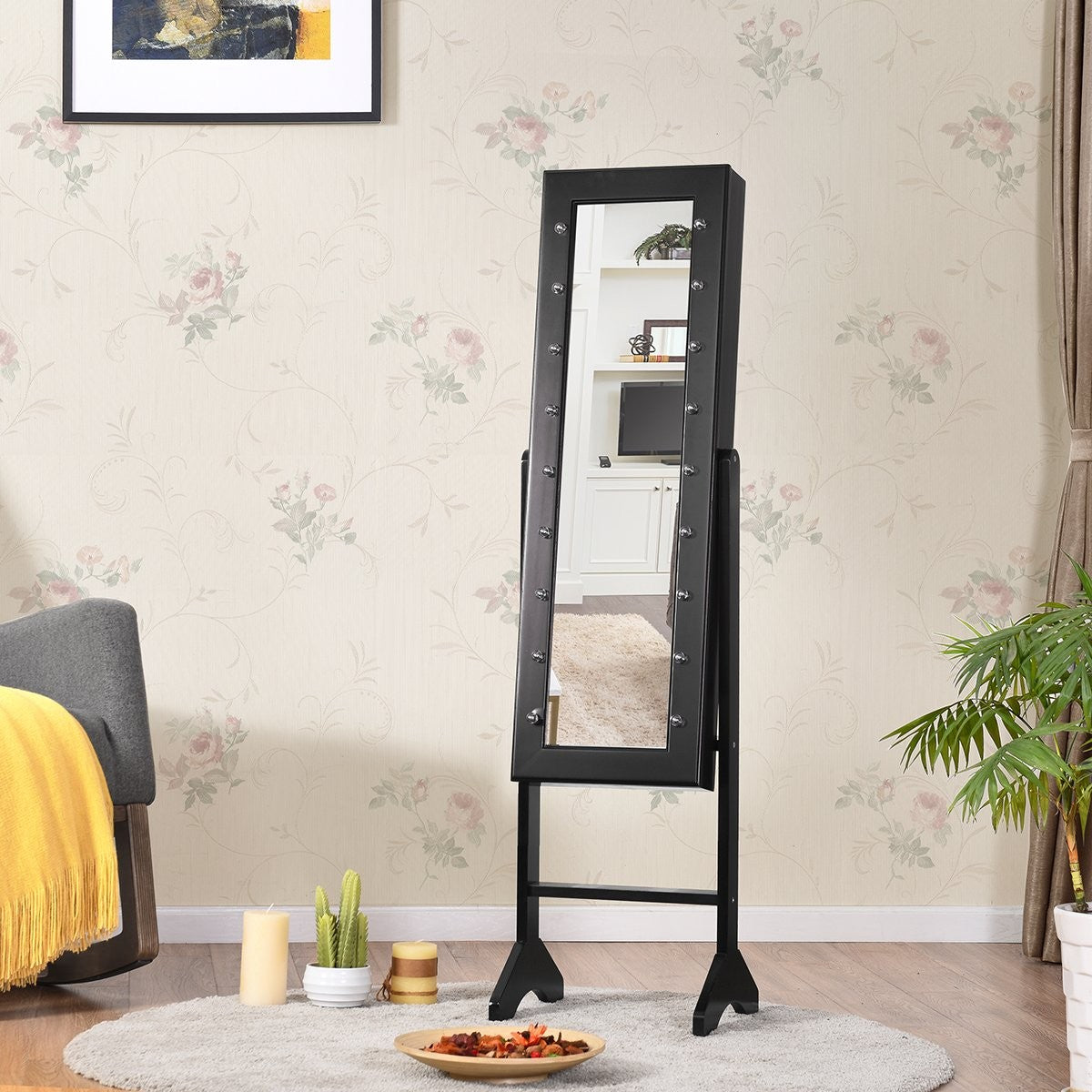 18 LED jewelry cabinet tilt-adjustable standing design jewelry shelf with full-length mirror 35 × 31.5 x 145 cm black