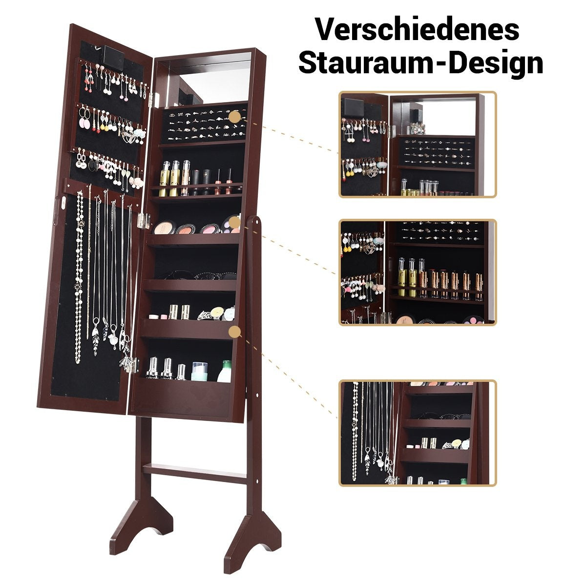 18 LED jewelry cabinet with full-length mirror & makeup mirror tilt-adjustable brown