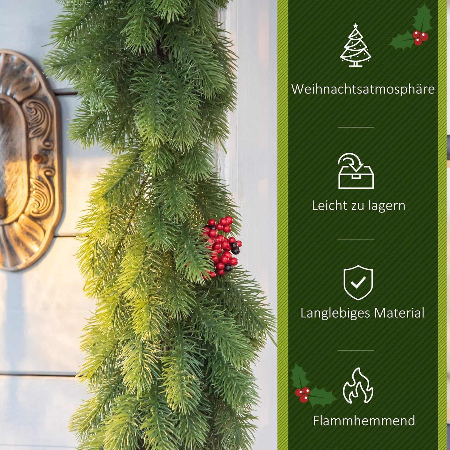 Artificial Christmas garland with pine cones and berries, 1.9M