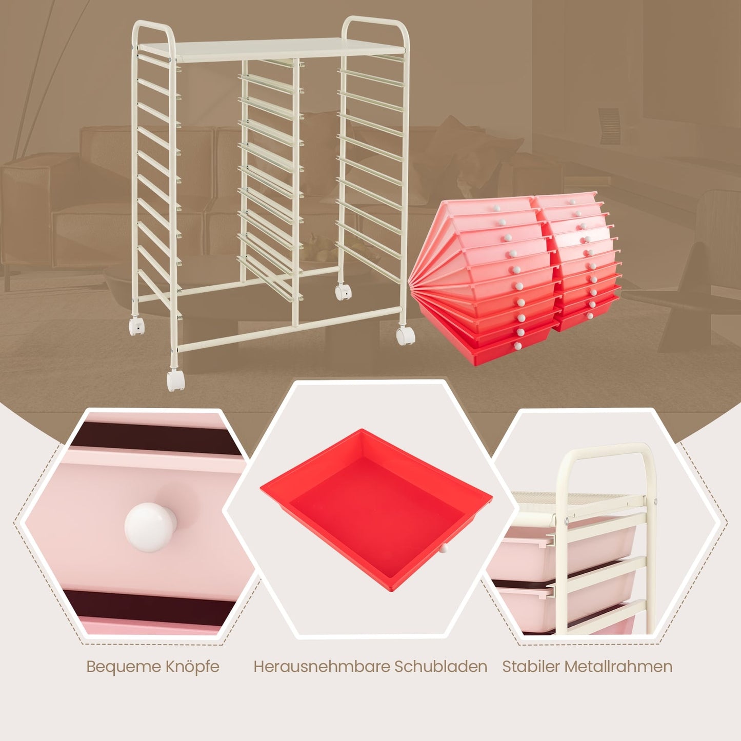 20-Drawer Rolling Cart with Metal Frame – Pink