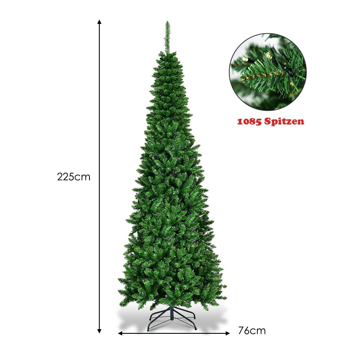 225cm Christmas Tree High Quality PVC Needles Pencil Shaped Christmas Tree Green