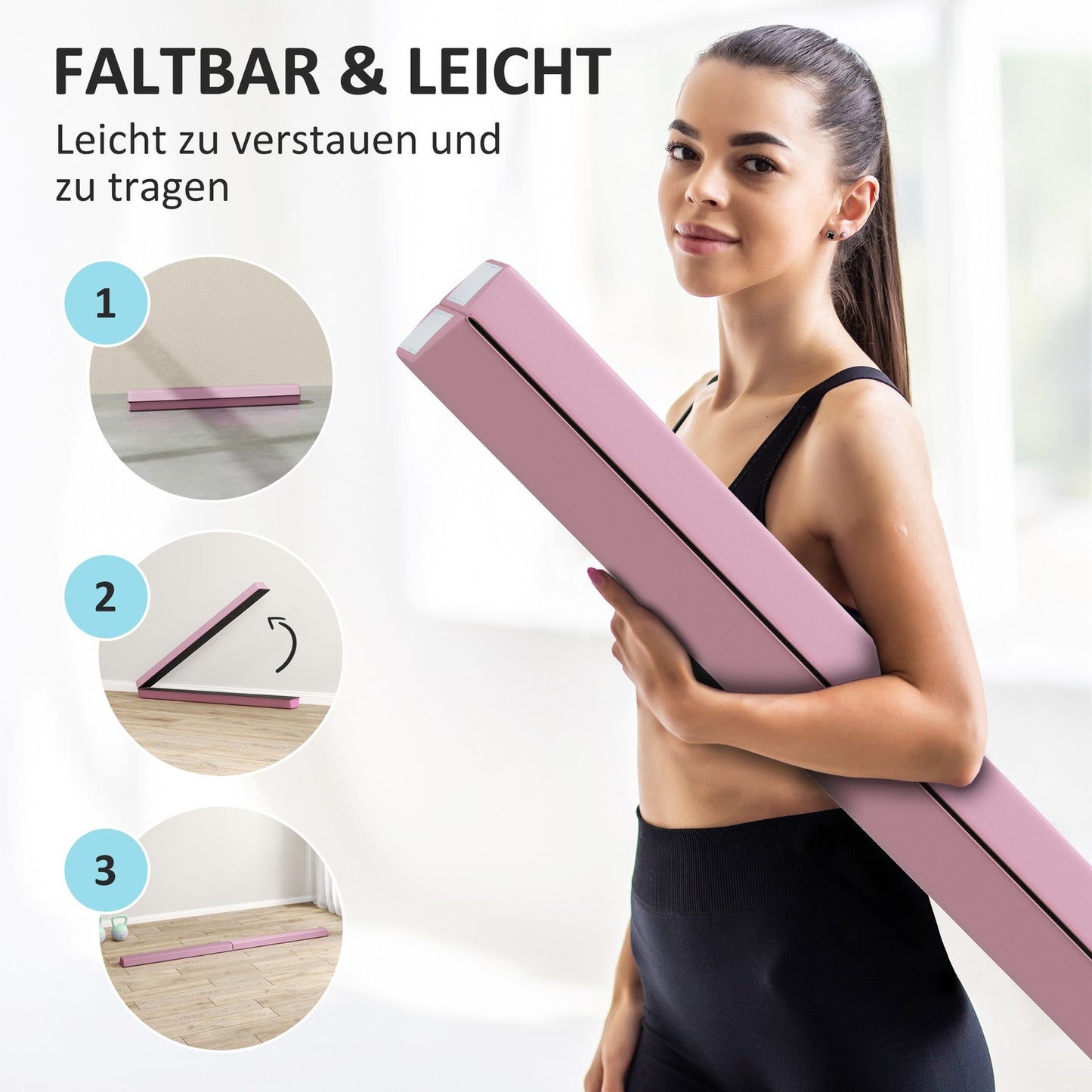 Portable 236 cm non-slip pink gymnastic beam for children