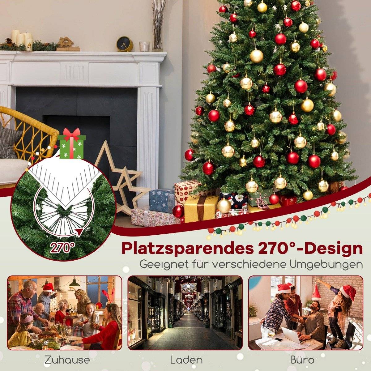 240 cm Artificial Christmas Tree with Lighting for 270° Corner Artificial Christmas Tree for Home Green