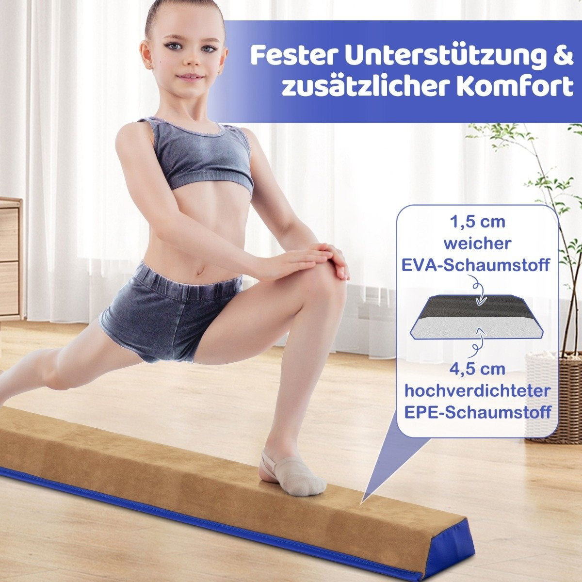 240 cm children's balance beam with carrying handle & Suede cover folding balancing beam blue
