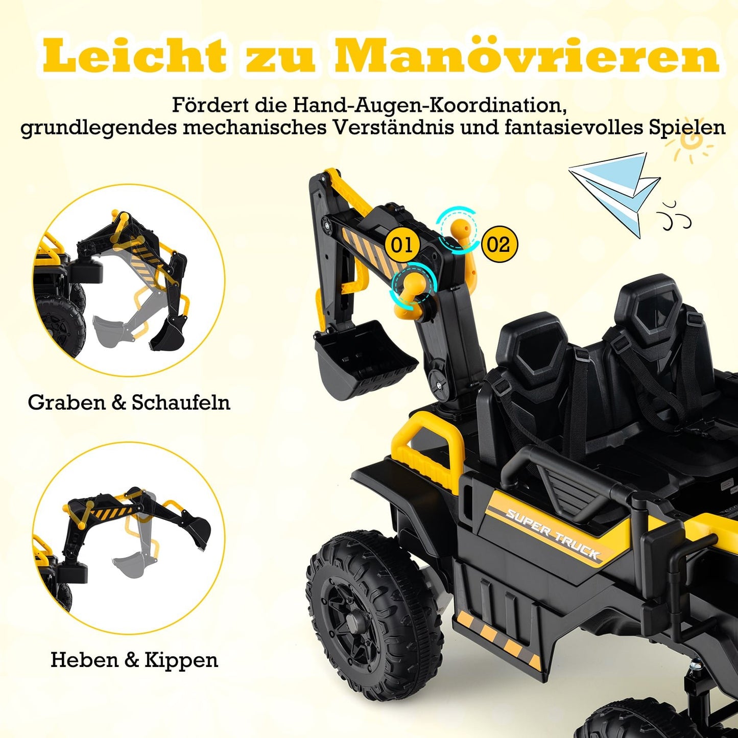 24V Kids Ride-On Excavator with Remote, 4WD, Yellow